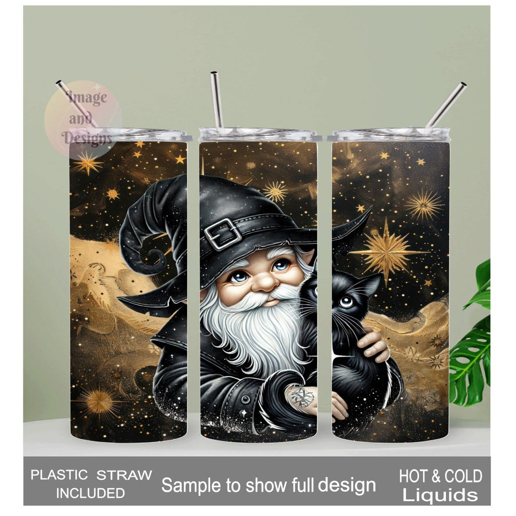 Wizard Gnome With Black Cat 20oz With Reusable Straw, Can Be Personalized