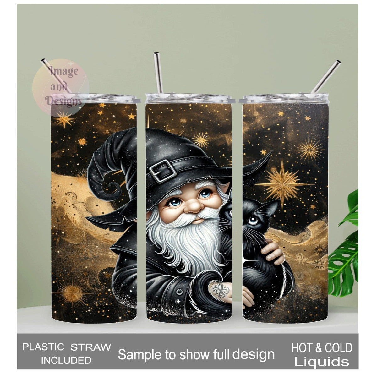 Wizard Gnome With Black Cat 20oz With Reusable Straw, Can Be Personalized
