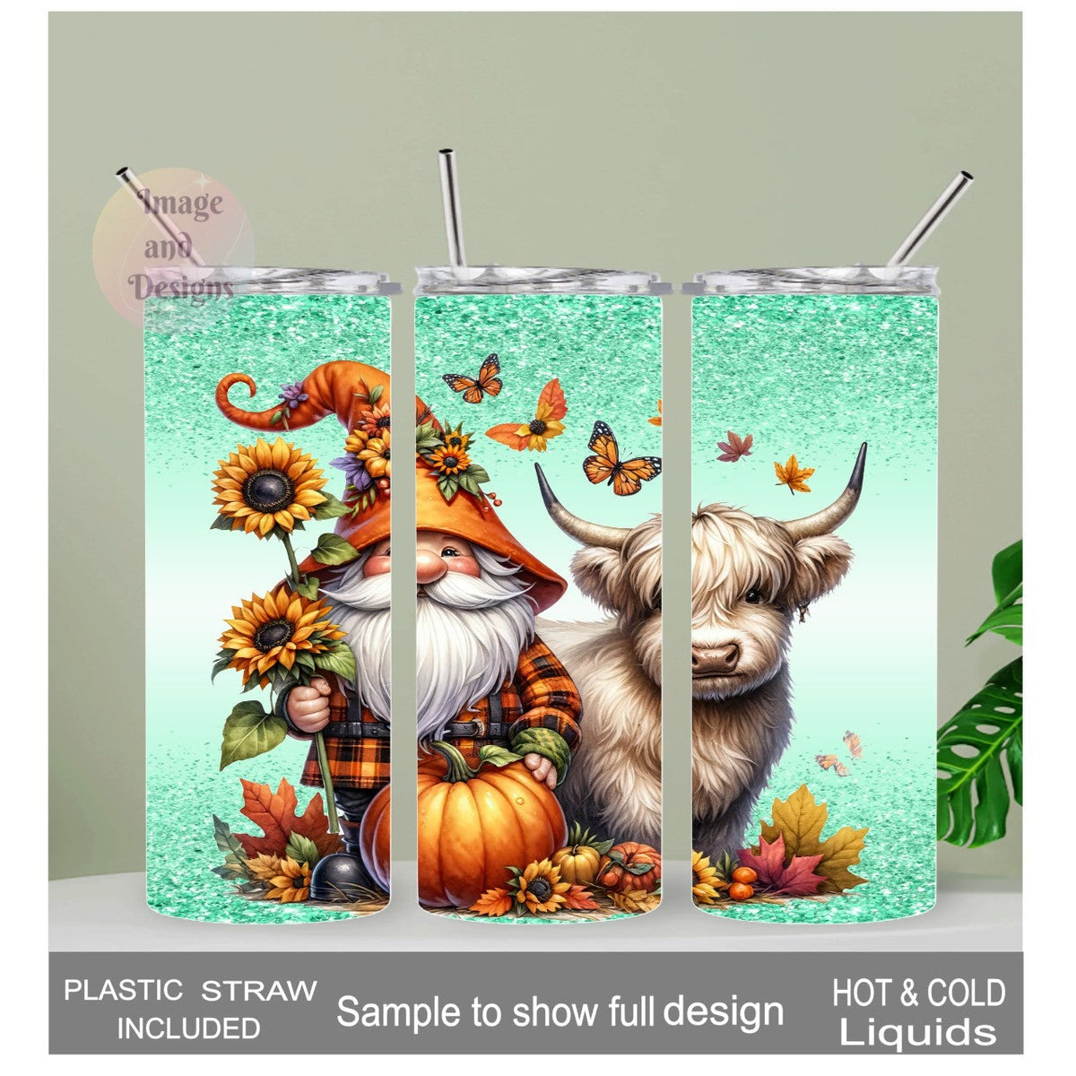Gnome with Highland Cow Tumbler 20oz With Reusable Straw, Can Be Personalized