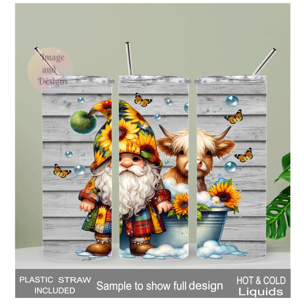 Gnome With Highland Cow Tumbler 20oz With Reusable Straw, Can Be Personalized