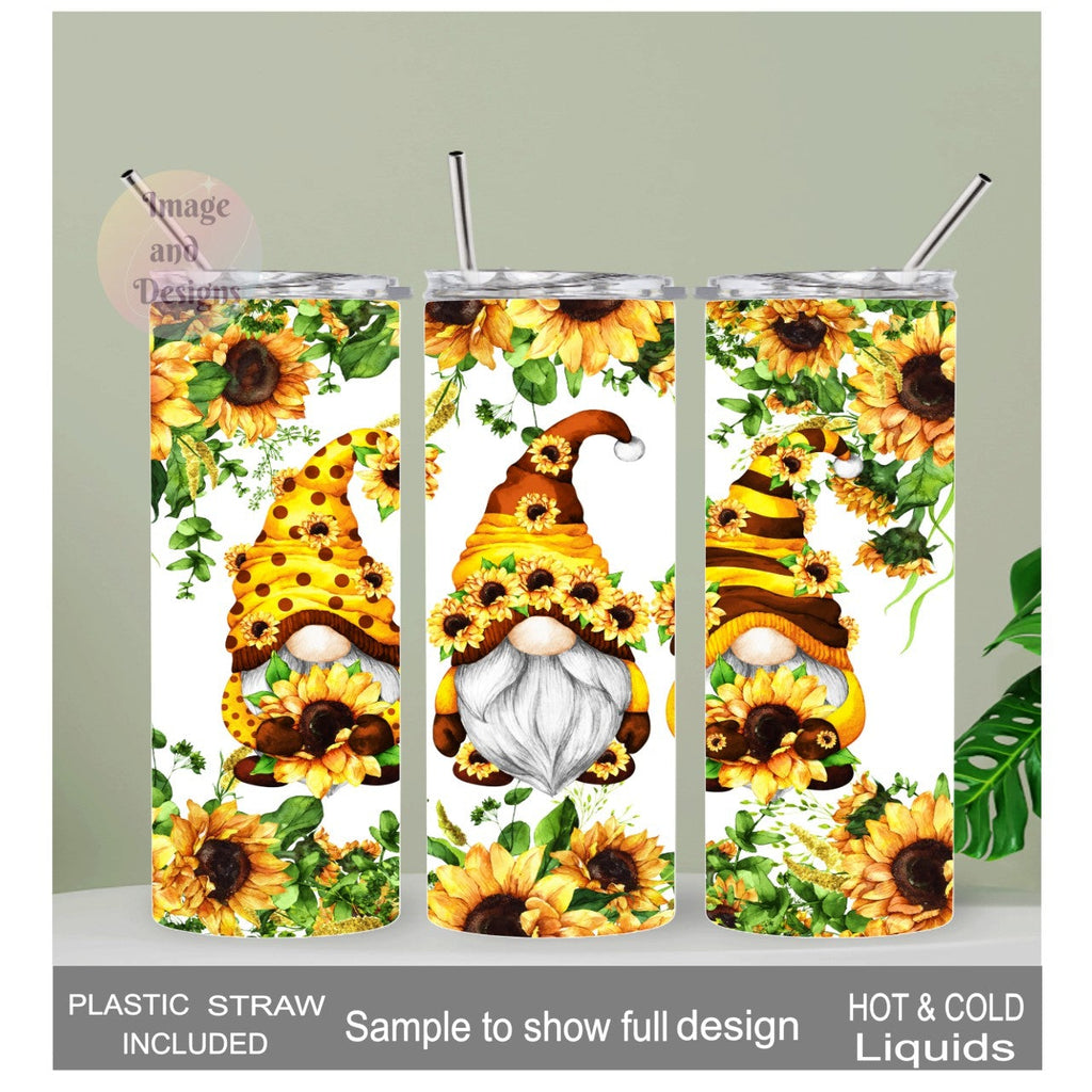 Gnome With Sunflowers Tumbler 20oz With Reusable Straw, Can Be Personalized