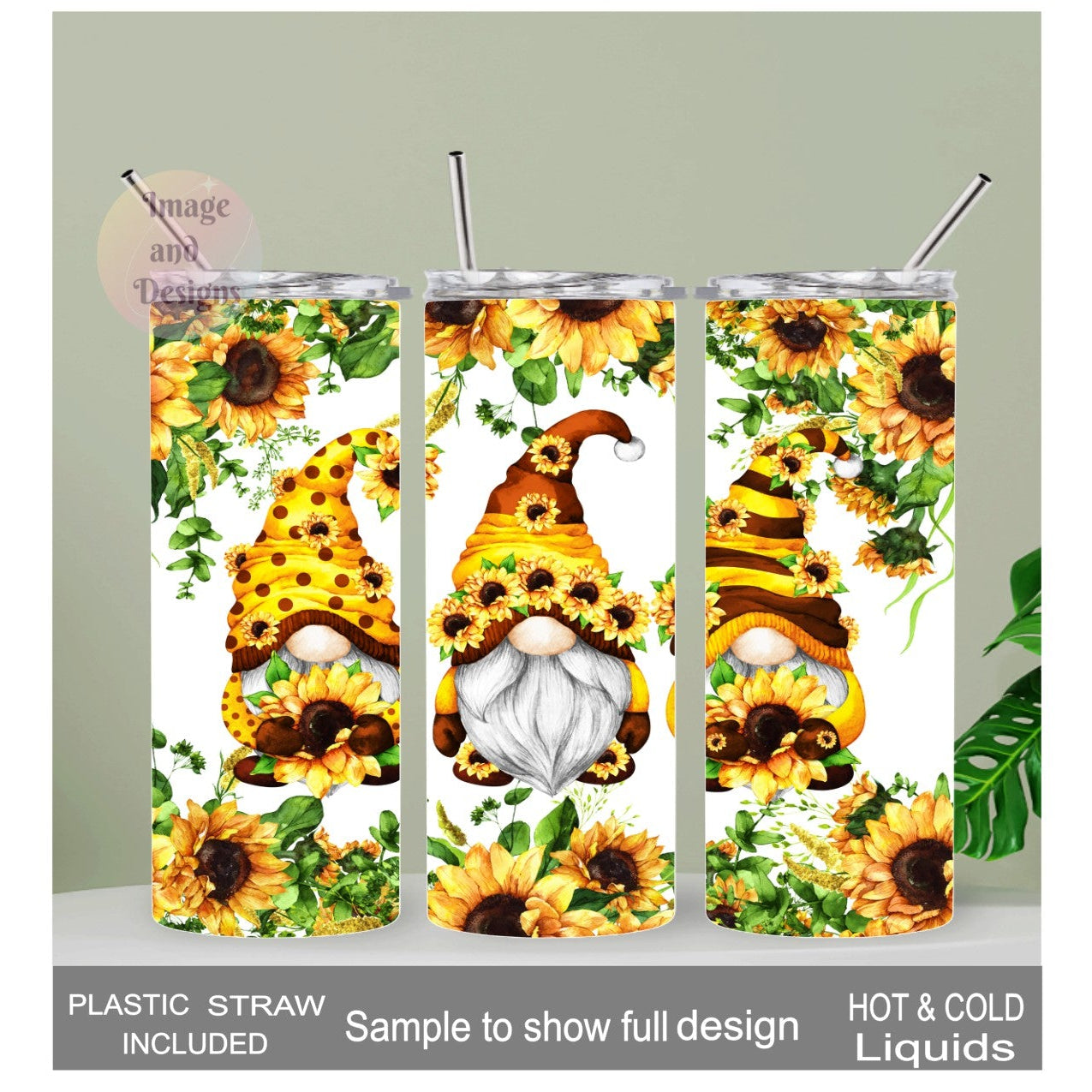 Gnome With Sunflowers Tumbler 20oz With Reusable Straw, Can Be Personalized