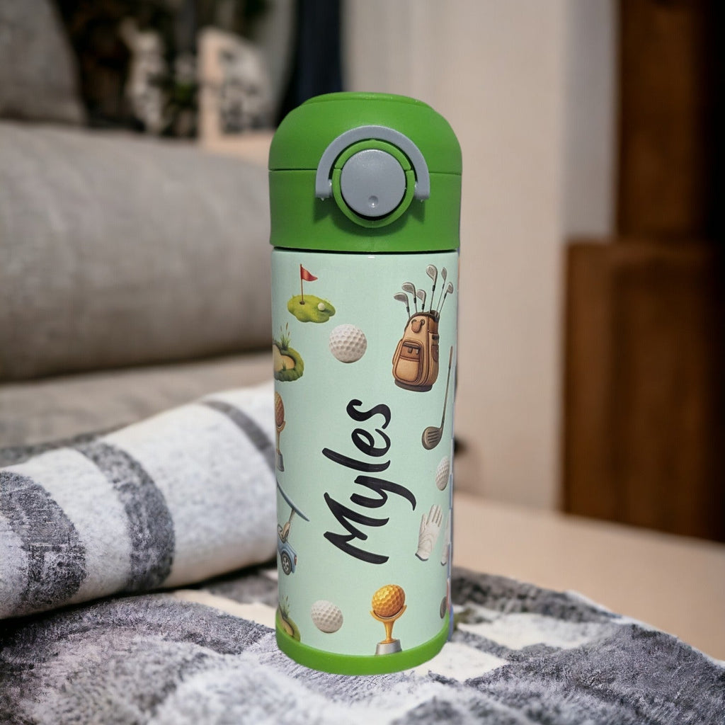 Kids Golf Water Bottle 12oz With Reusable Straw, Can Be Personalized