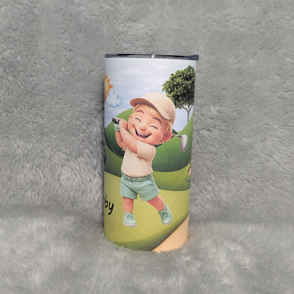 Little Boy Golfing Tumbler 15oz With Reusable Straw, Can Be Personalized - Hair Color Choices Available