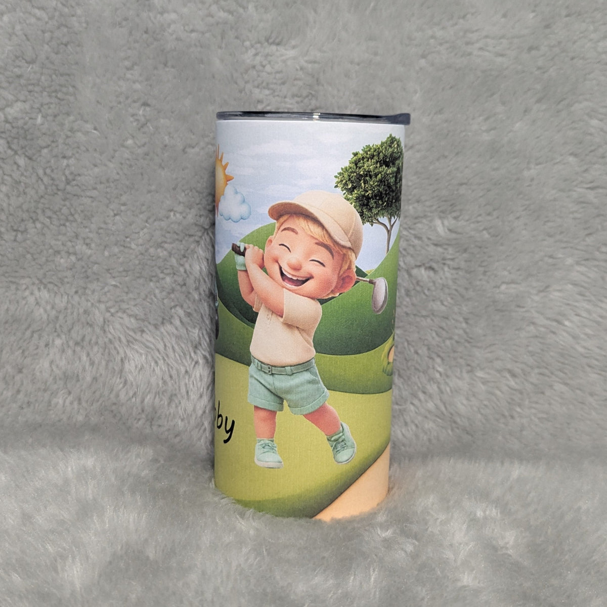 Little Boy Golfing Tumbler 15oz With Reusable Straw, Can Be Personalized - Hair Color Choices Available
