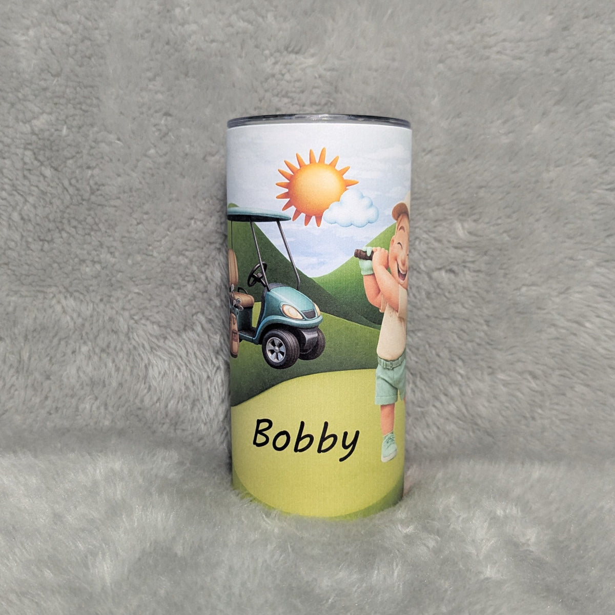Little Boy Golfing Tumbler 15oz With Reusable Straw, Can Be Personalized - Hair Color Choices Available