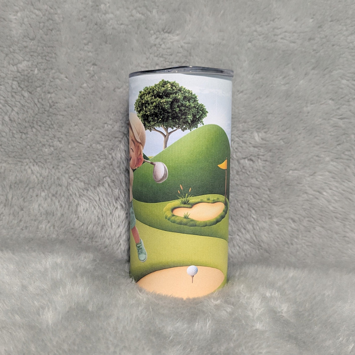 Little Boy Golfing Tumbler 15oz With Reusable Straw, Can Be Personalized - Hair Color Choices Available