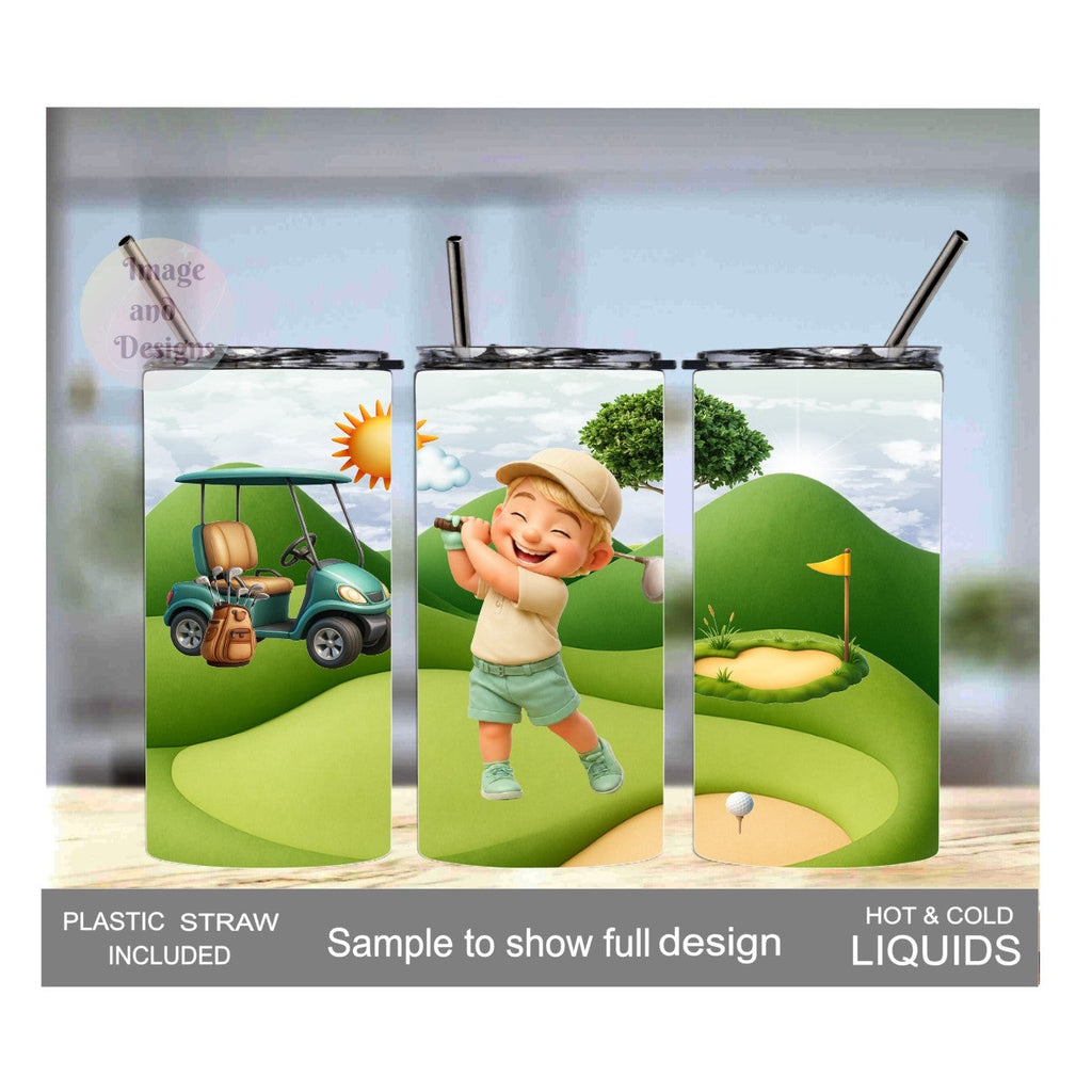 Little Boy Golfing Tumbler 15oz With Reusable Straw, Can Be Personalized - Hair Color Choices Available