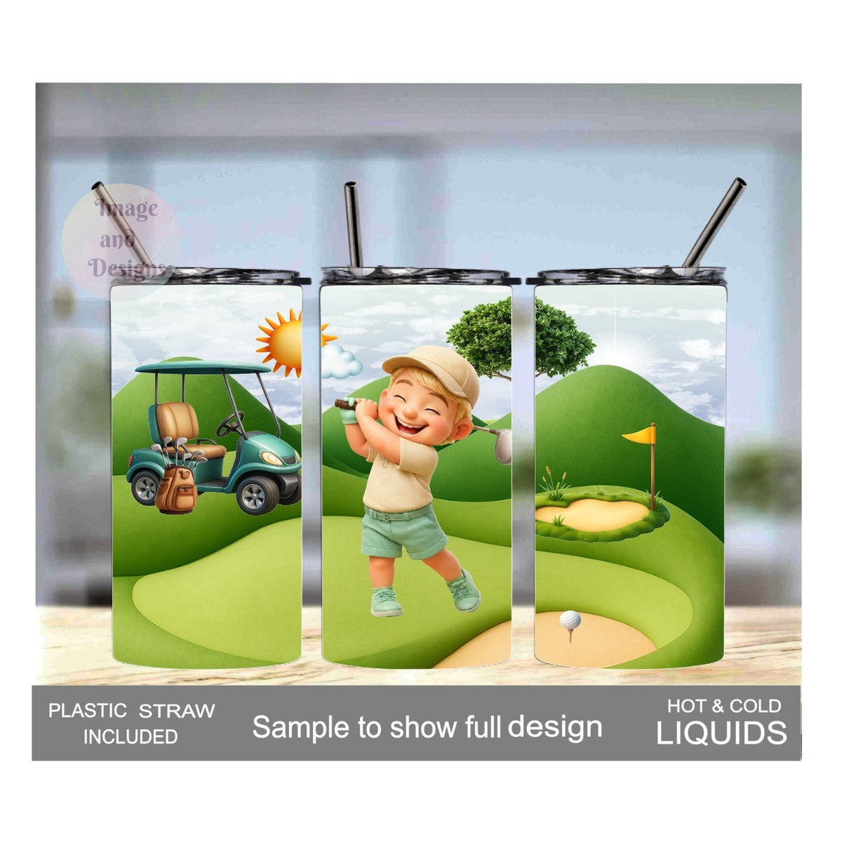 Little Boy Golfing Tumbler 15oz With Reusable Straw, Can Be Personalized - Hair Color Choices Available