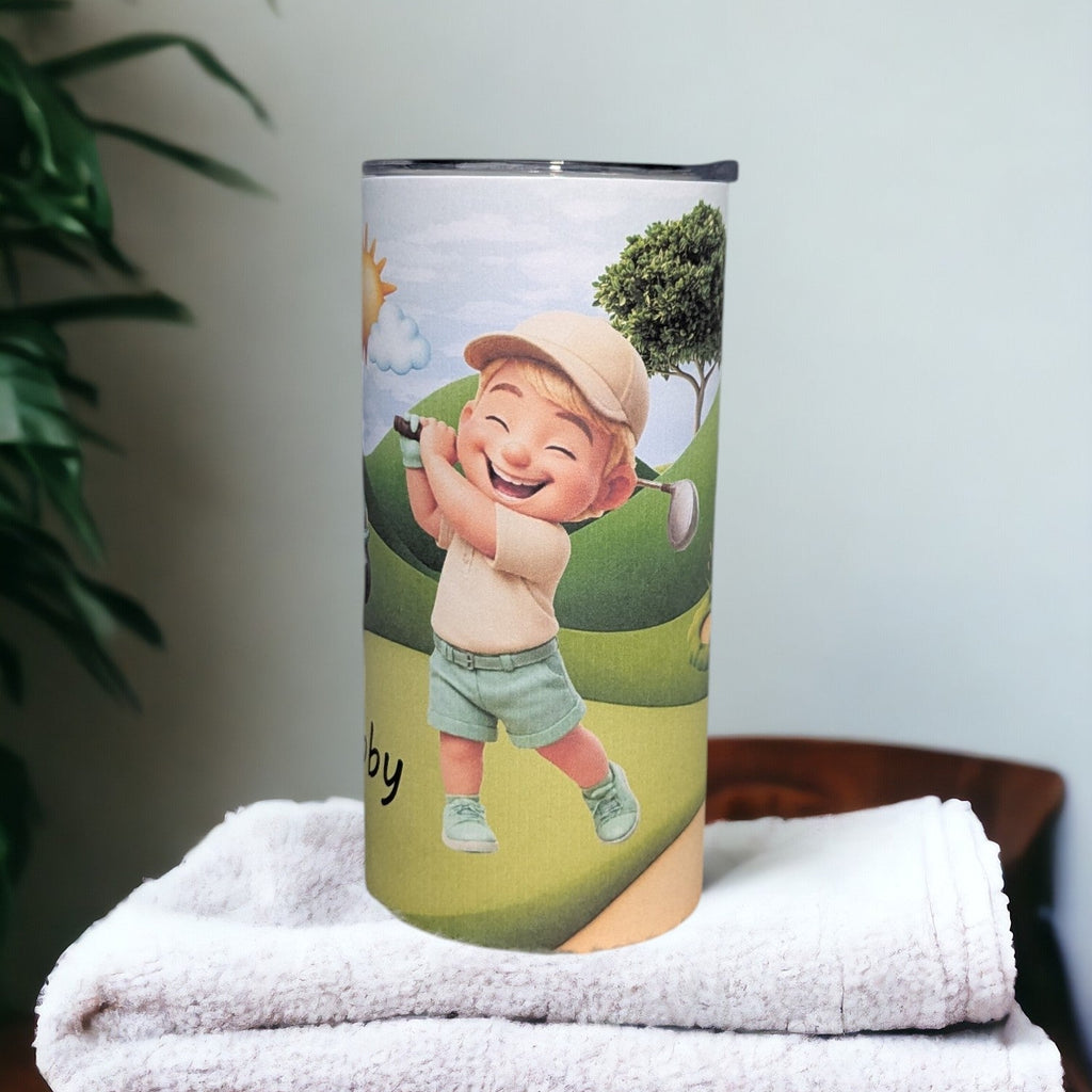 Little Boy Golfing Tumbler 15oz With Reusable Straw, Can Be Personalized - Hair Color Choices Available
