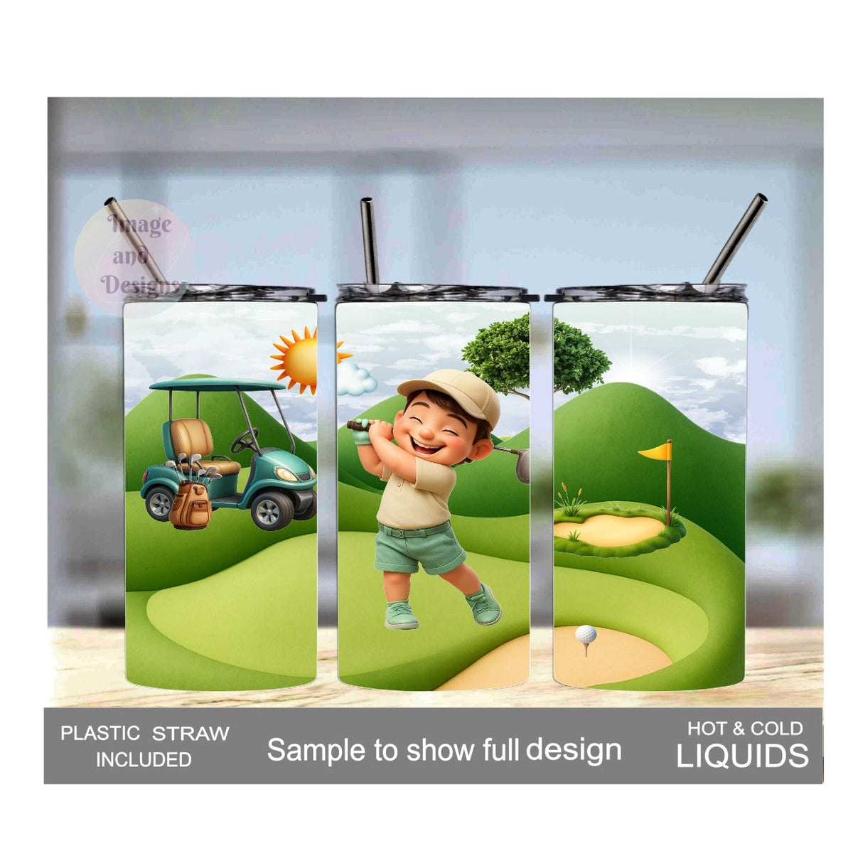 Little Boy Golfing Tumbler 15oz With Reusable Straw, Can Be Personalized - Hair Color Choices Available