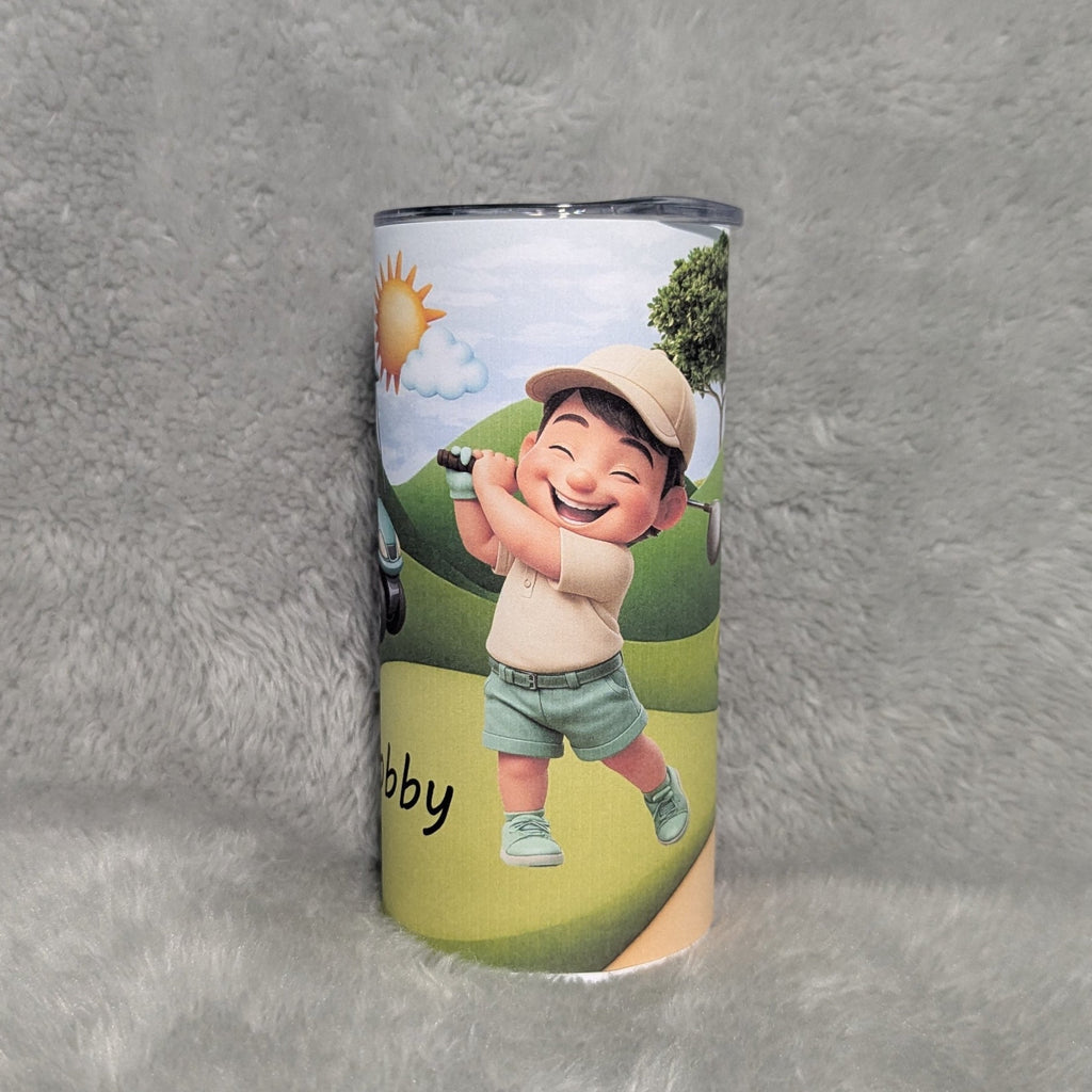 Little Boy Golfing Tumbler 15oz With Reusable Straw, Can Be Personalized - Hair Color Choices Available