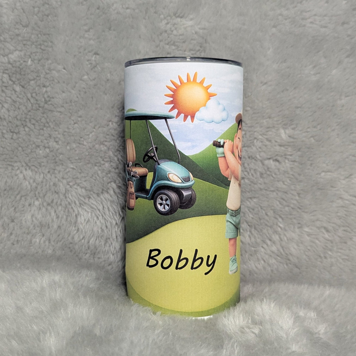 Little Boy Golfing Tumbler 15oz With Reusable Straw, Can Be Personalized - Hair Color Choices Available