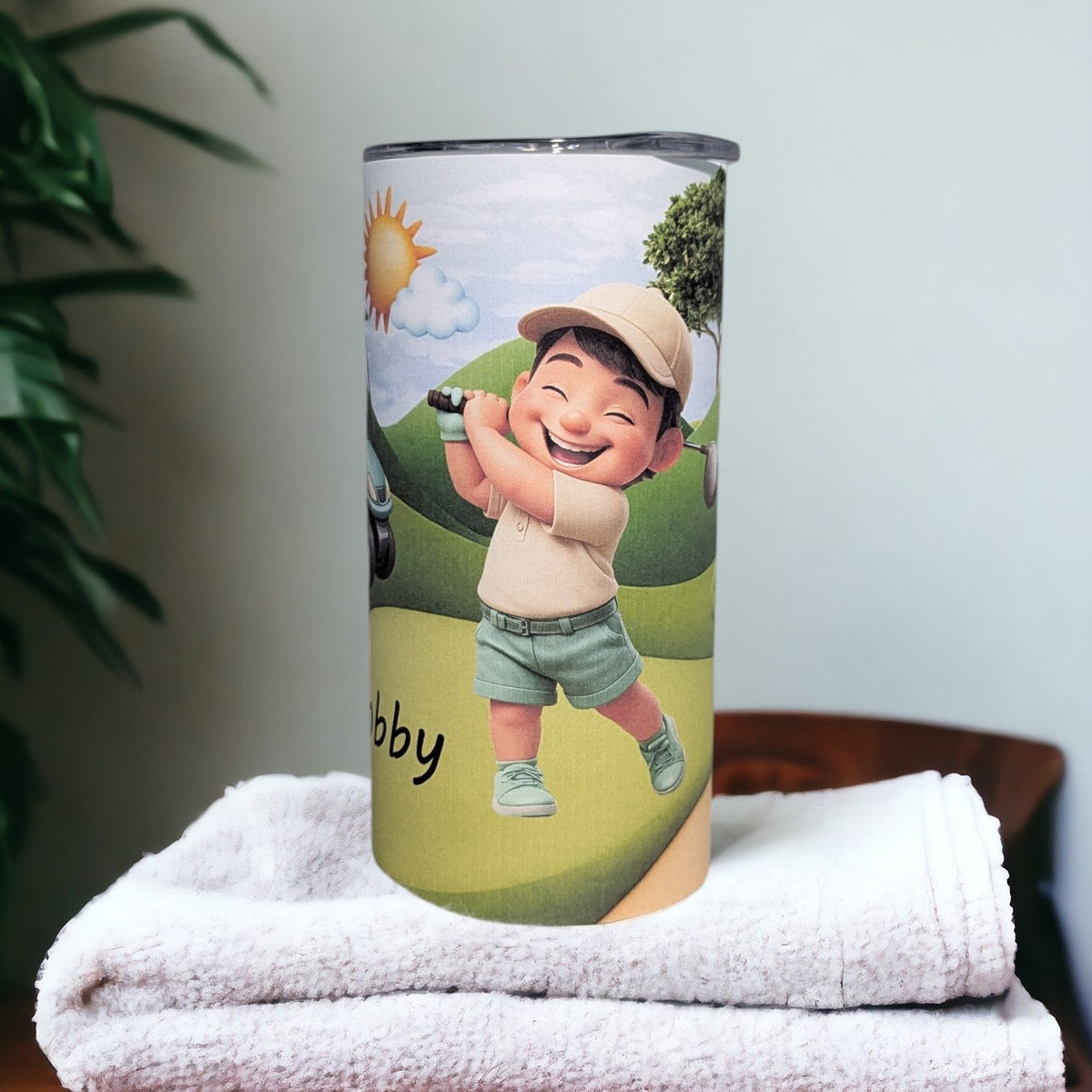 Little Boy Golfing Tumbler 15oz With Reusable Straw, Can Be Personalized - Hair Color Choices Available