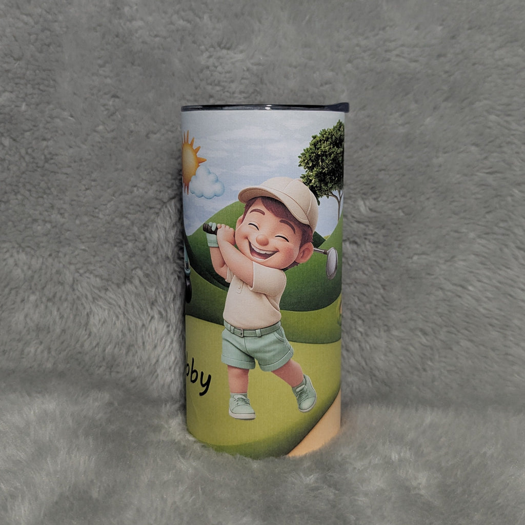 Little Boy Golfing Tumbler 15oz With Reusable Straw, Can Be Personalized - Hair Color Choices Available