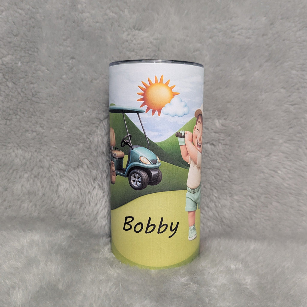 Little Boy Golfing Tumbler 15oz With Reusable Straw, Can Be Personalized - Hair Color Choices Available