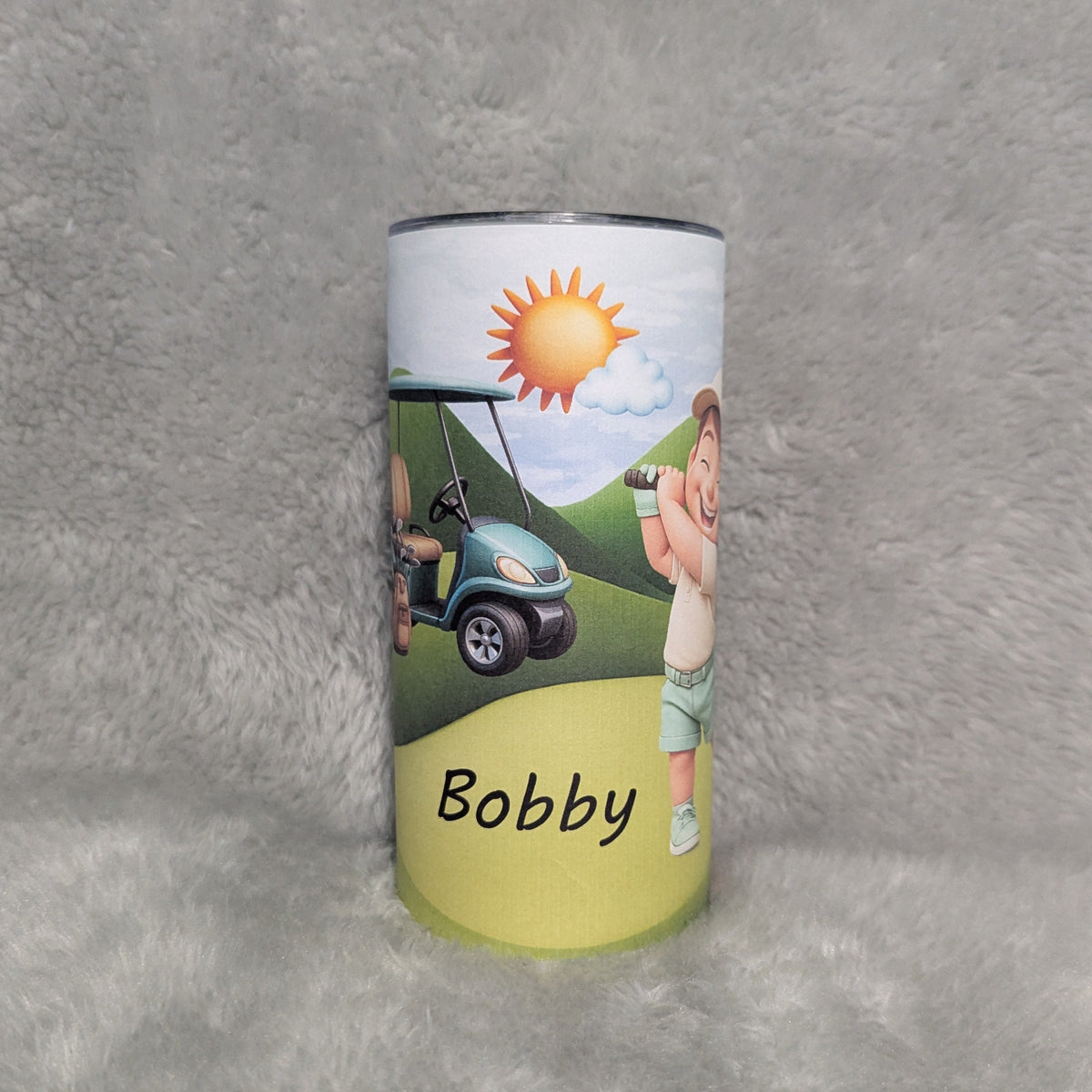 Little Boy Golfing Tumbler 15oz With Reusable Straw, Can Be Personalized - Hair Color Choices Available
