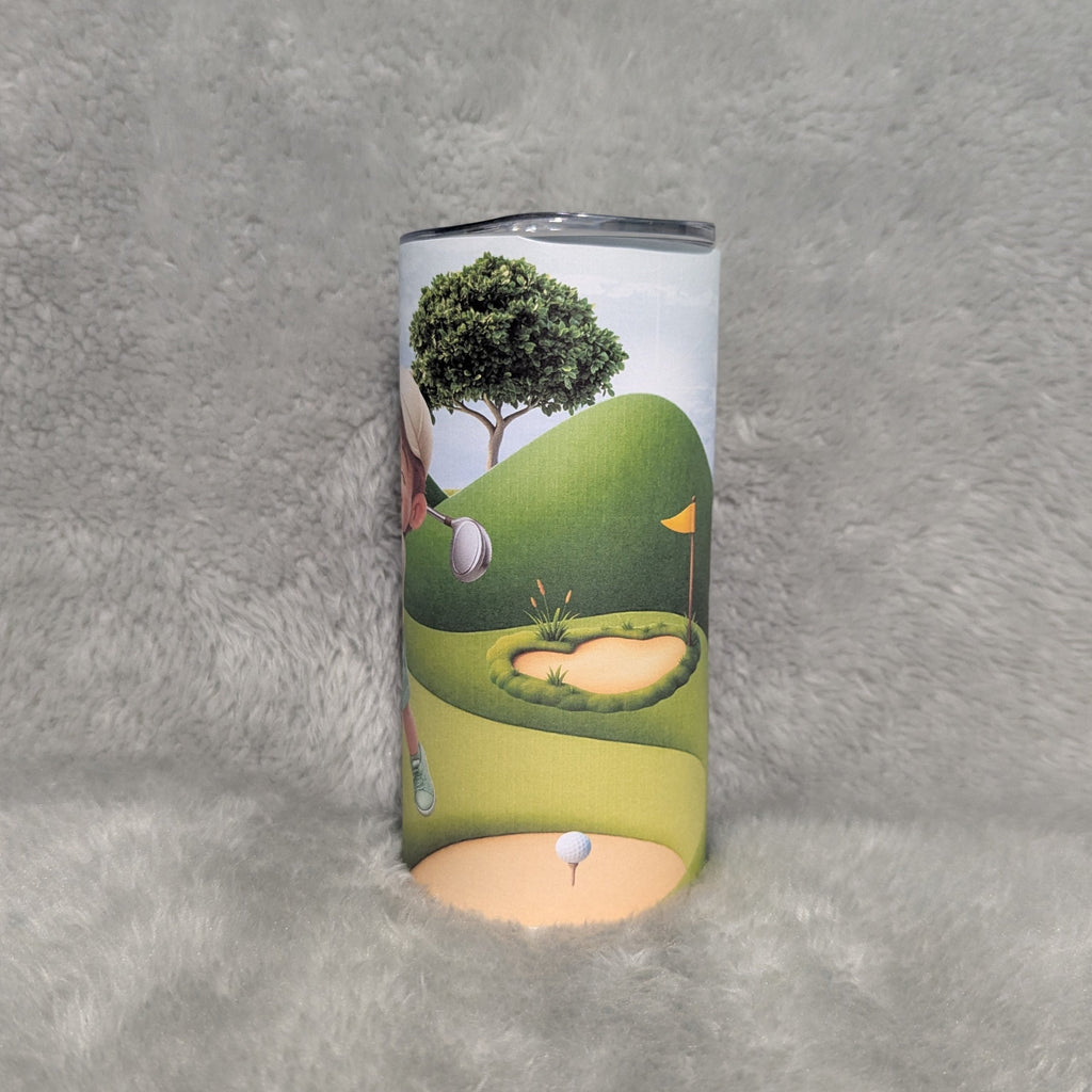 Little Boy Golfing Tumbler 15oz With Reusable Straw, Can Be Personalized - Hair Color Choices Available