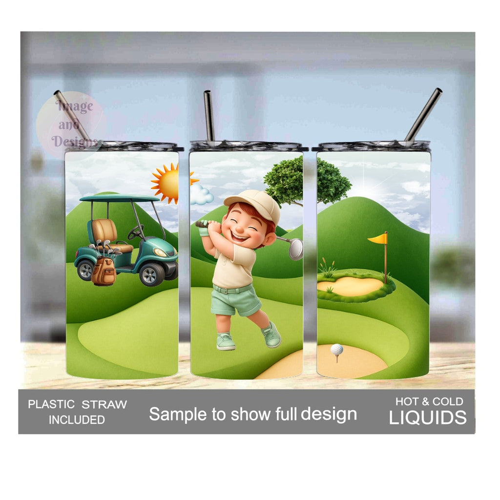 Little Boy Golfing Tumbler 15oz With Reusable Straw, Can Be Personalized - Hair Color Choices Available