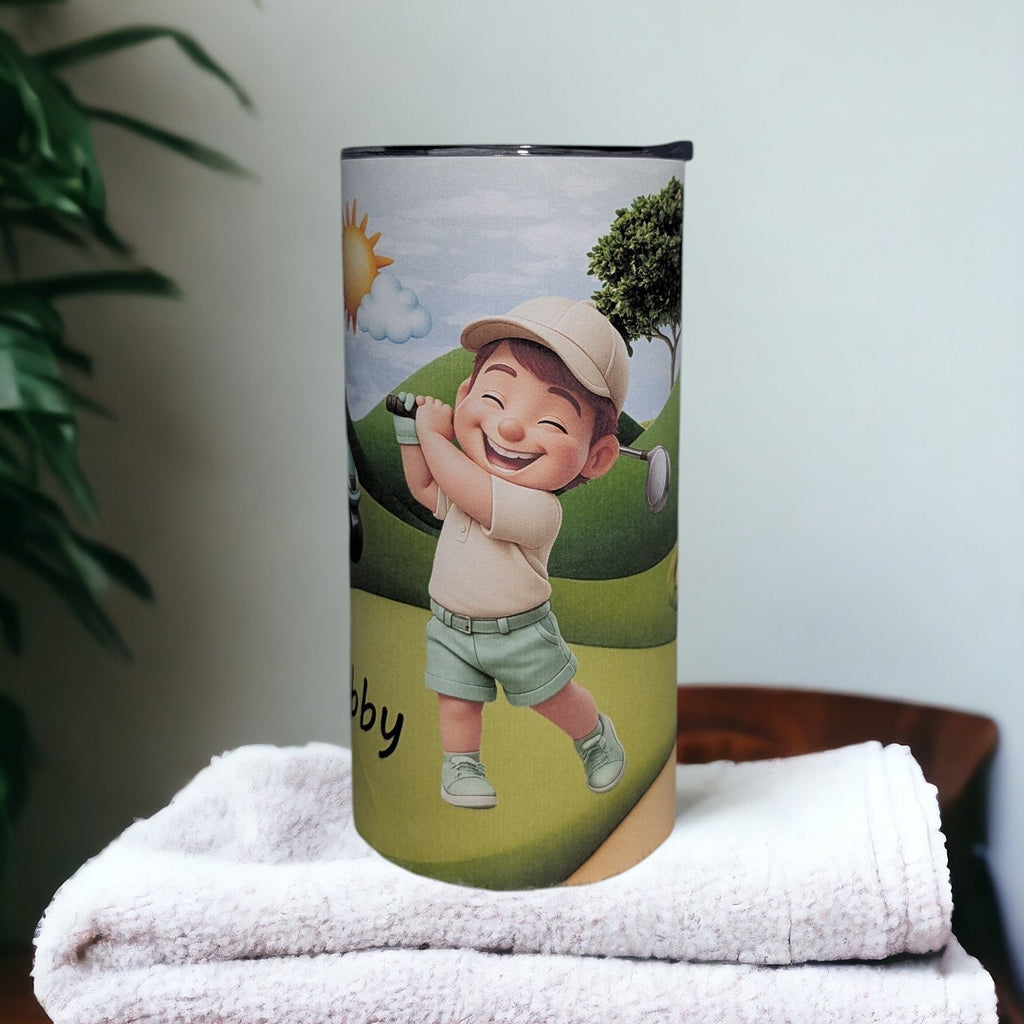 Little Boy Golfing Tumbler 15oz With Reusable Straw, Can Be Personalized - Hair Color Choices Available