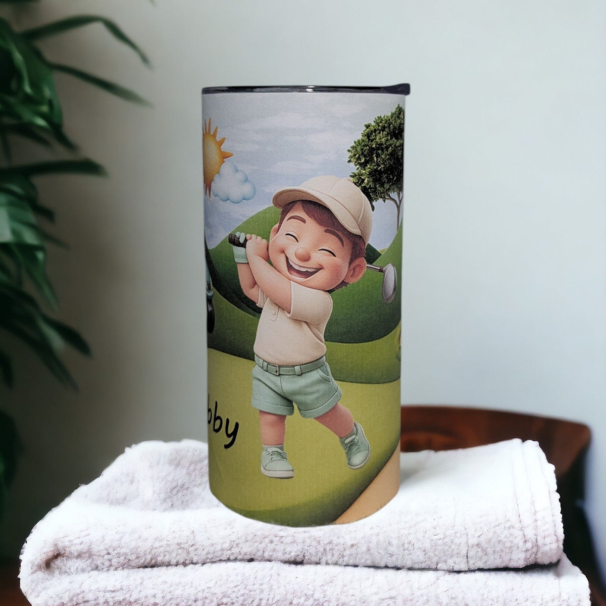 Little Boy Golfing Tumbler 15oz With Reusable Straw, Can Be Personalized - Hair Color Choices Available