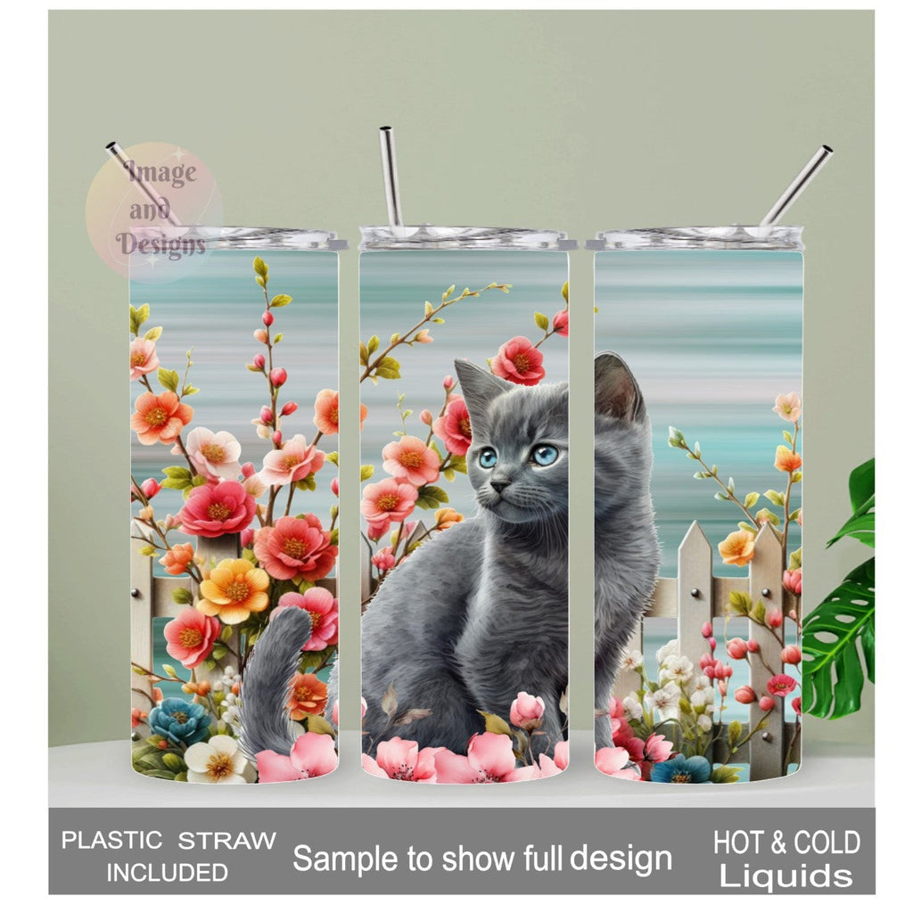 Gray Kitten / Cat With Flowers Tumbler 20oz With Reusable Straw, Can Be Personalized