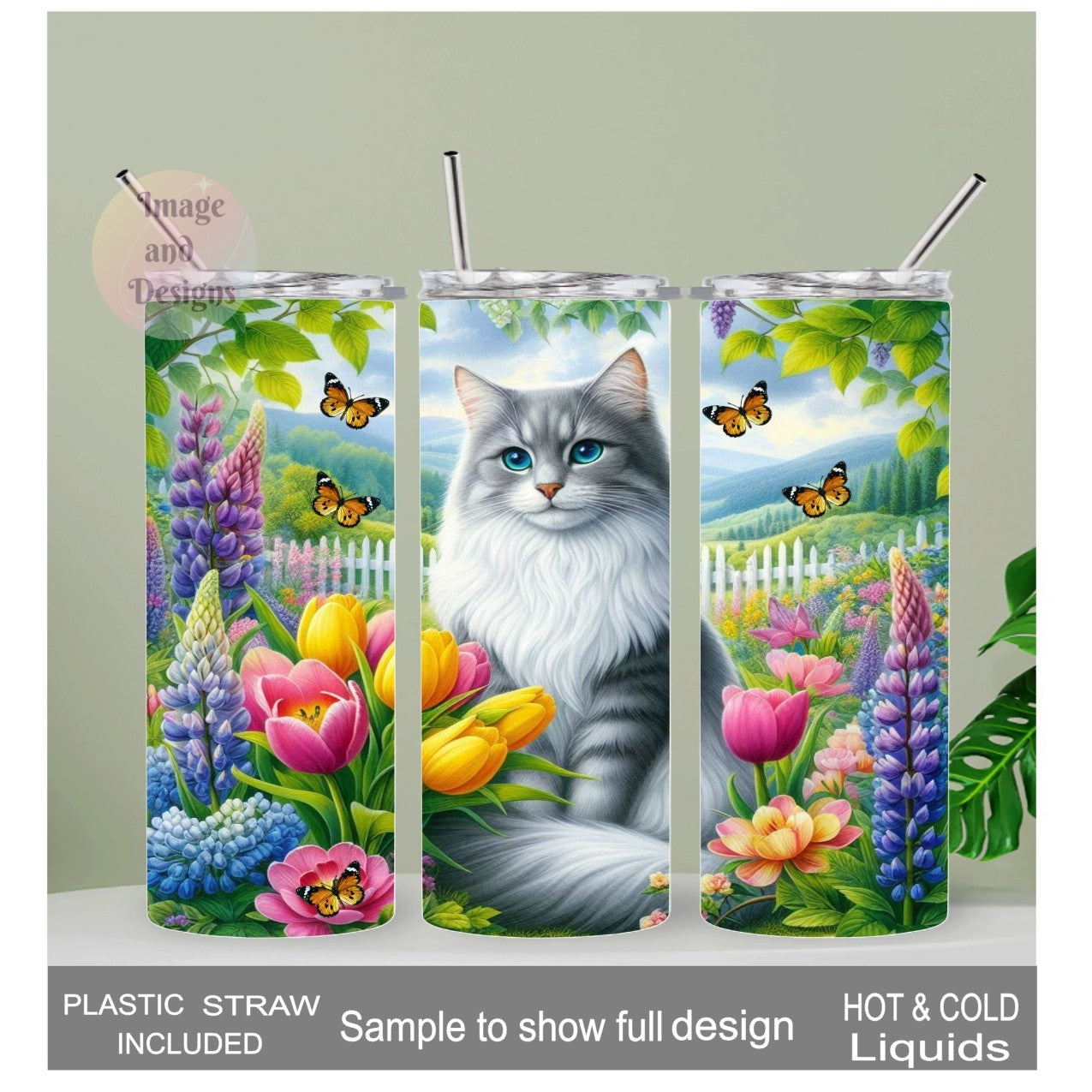 Floral Cat Tumbler 20oz With Reusable Straw, Can Be Personalized
