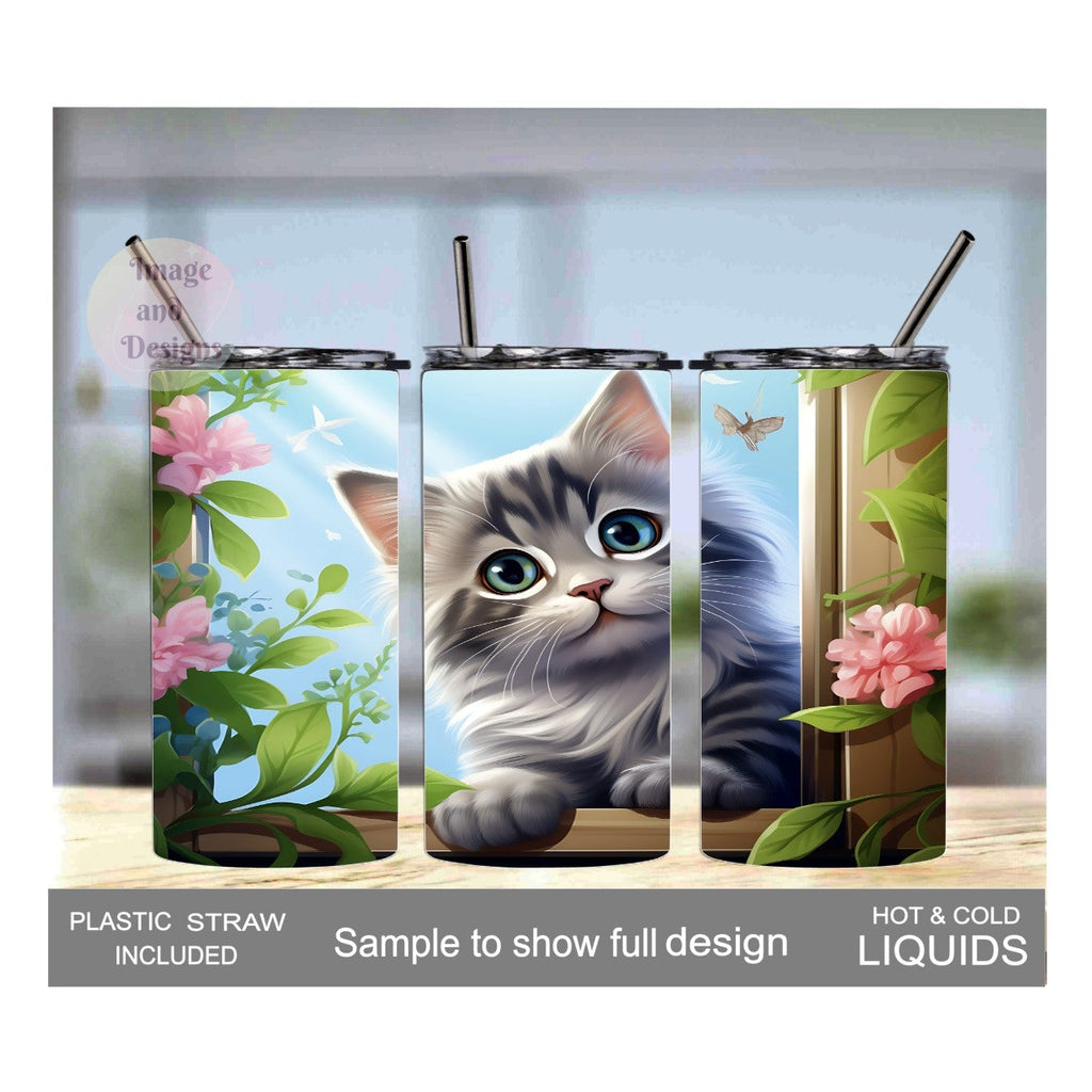 Adorable Kids Gray And White Kitten Tumbler 15oz With Reusable Straw, Can Be Personalized