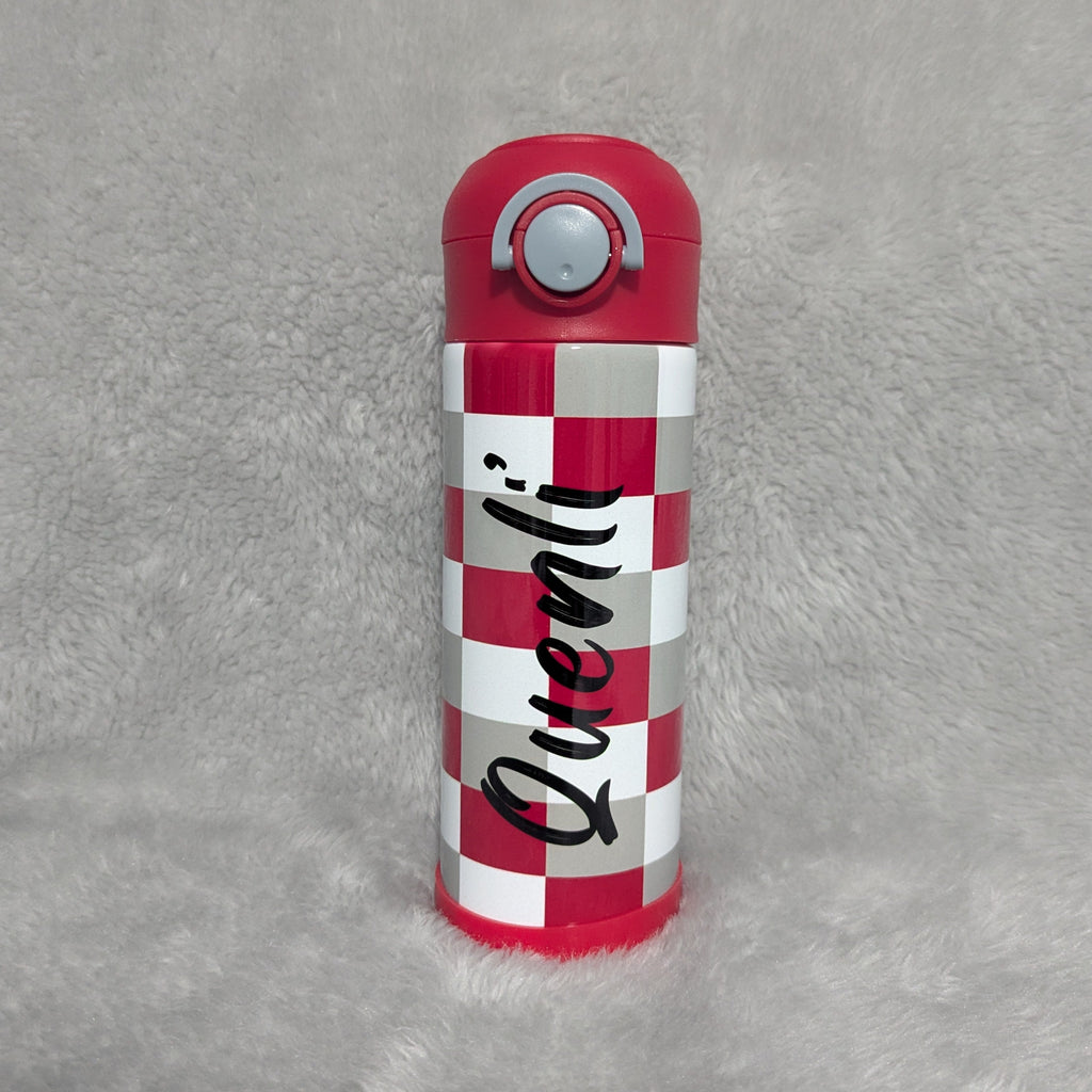 Kids Red, Gray and White Checkered Water Bottle 12oz With Reusable Straw, Can Be Personalized