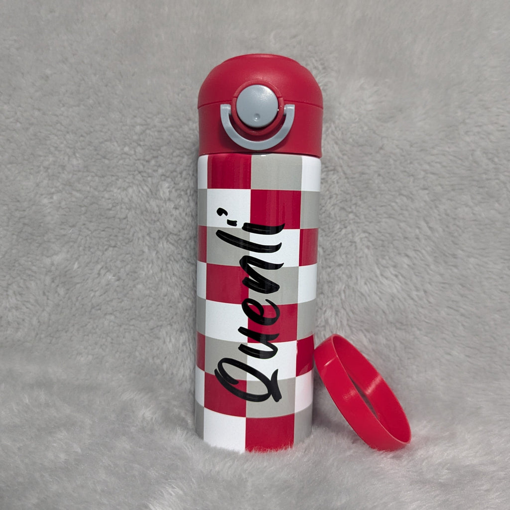 Kids Red, Gray and White Checkered Water Bottle 12oz With Reusable Straw, Can Be Personalized