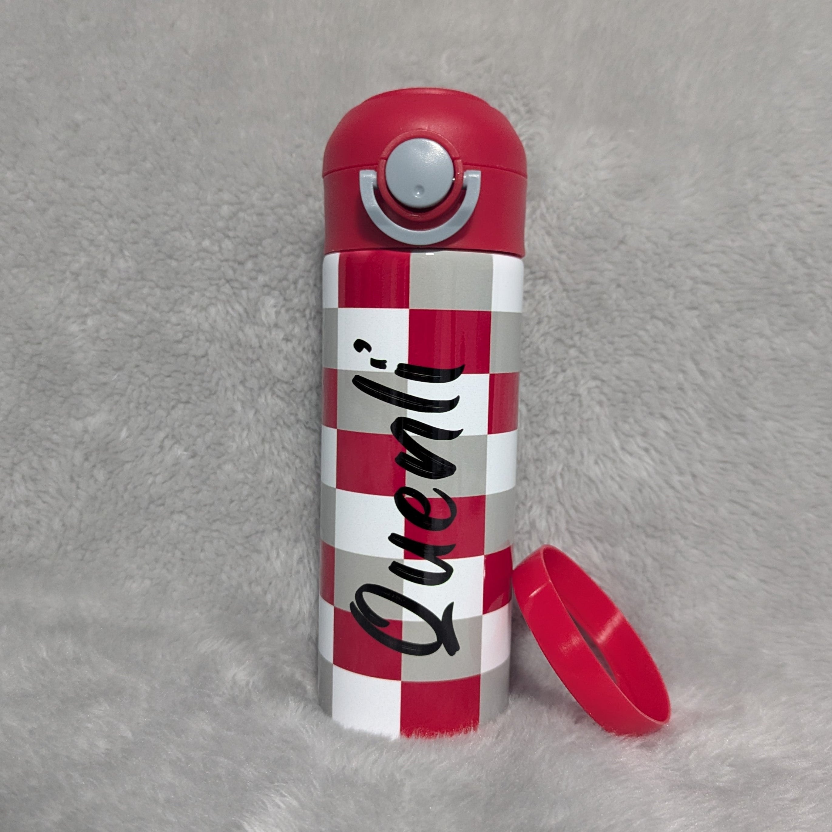 Kids Red, Gray and White Checkered Water Bottle 12oz With Reusable Straw, Can Be Personalized