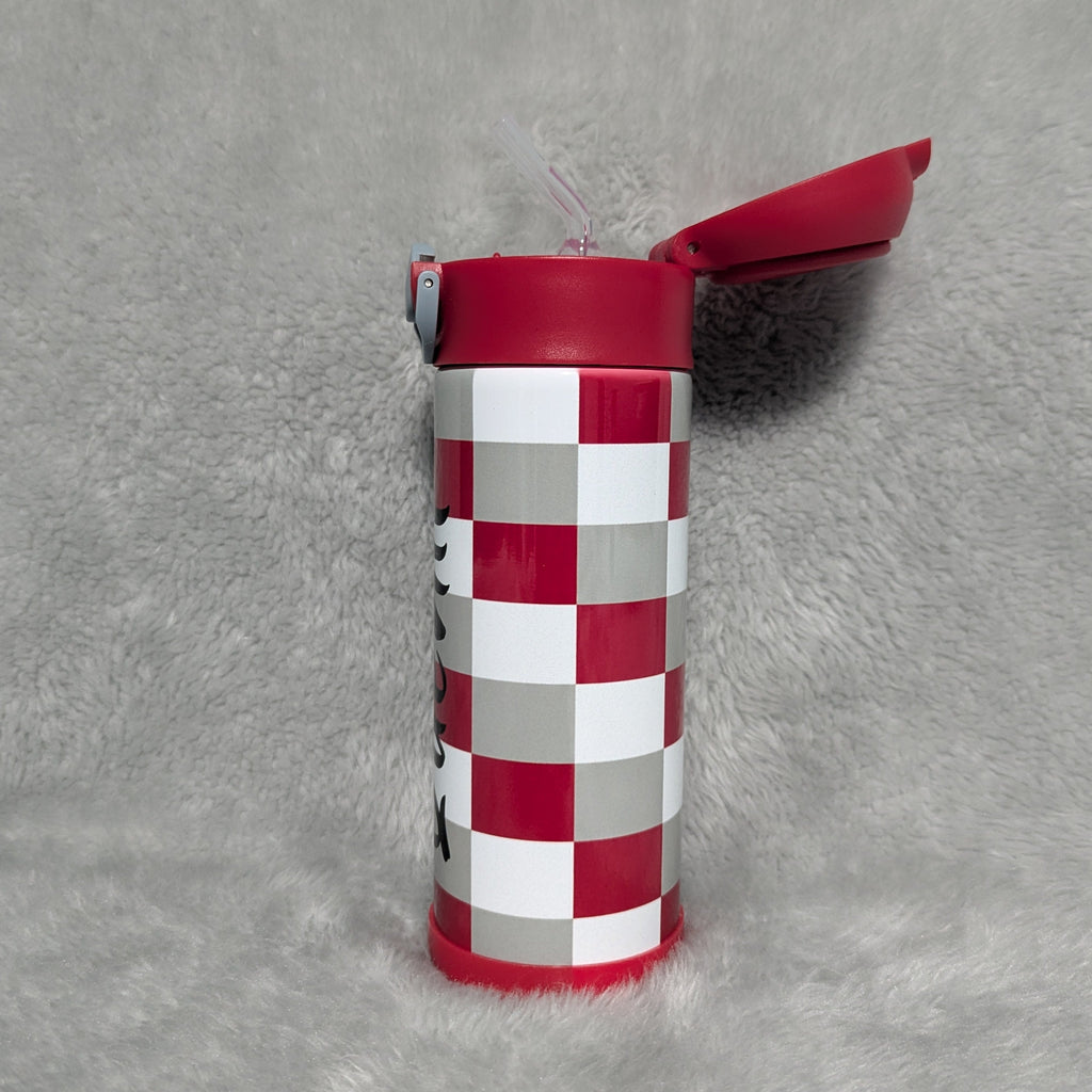 Kids Red, Gray and White Checkered Water Bottle 12oz With Reusable Straw, Can Be Personalized