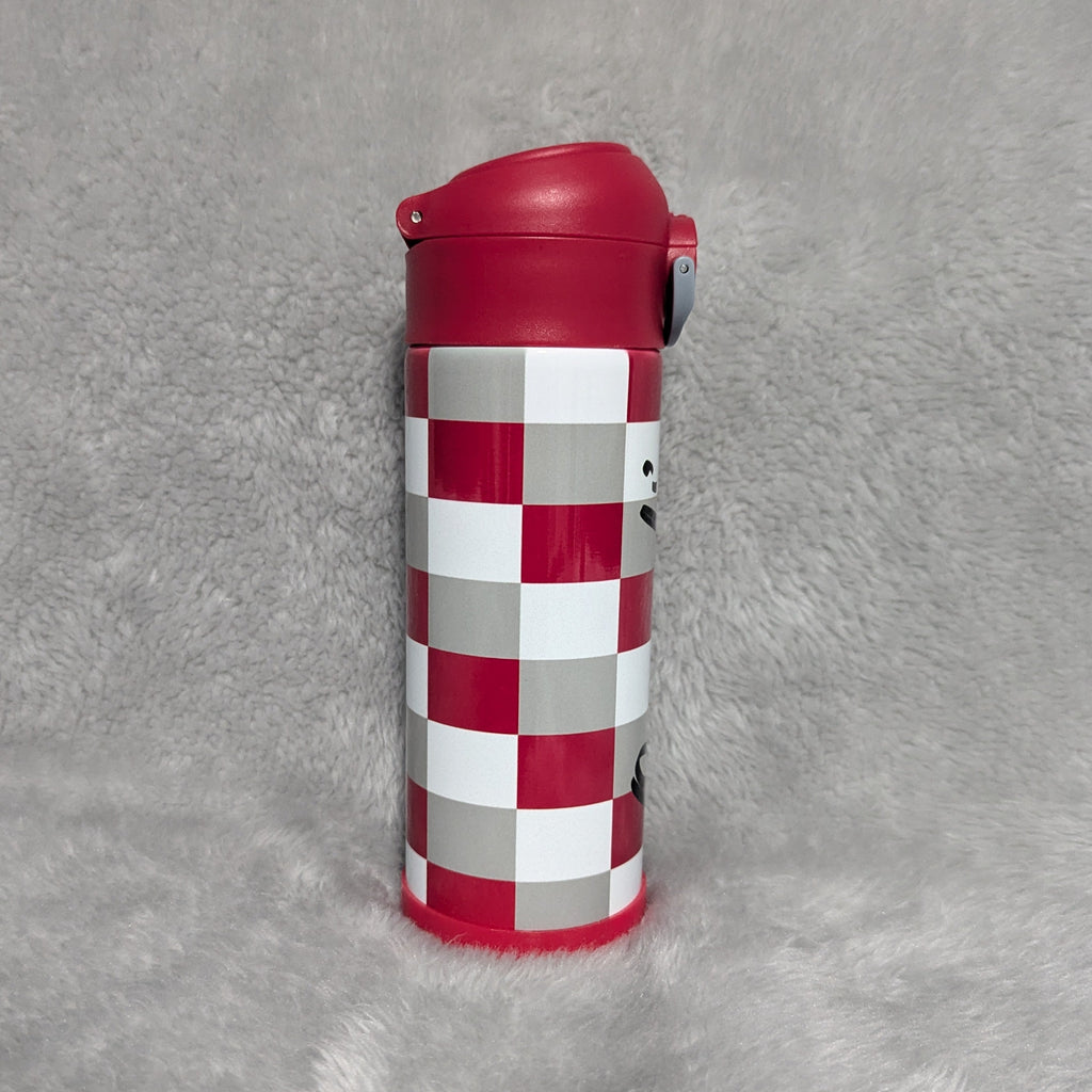 Kids Red, Gray and White Checkered Water Bottle 12oz With Reusable Straw, Can Be Personalized