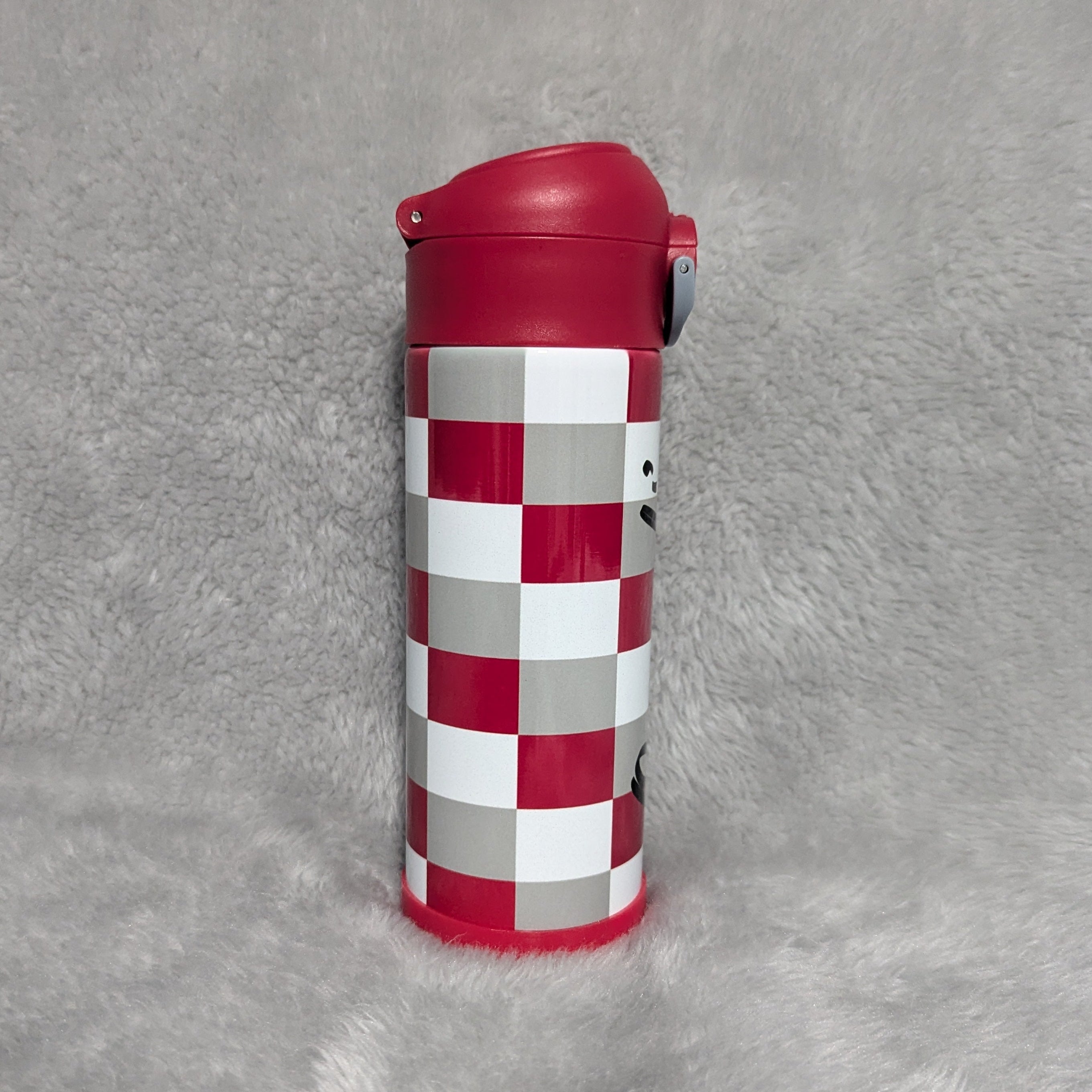 Kids Red, Gray and White Checkered Water Bottle 12oz With Reusable Straw, Can Be Personalized