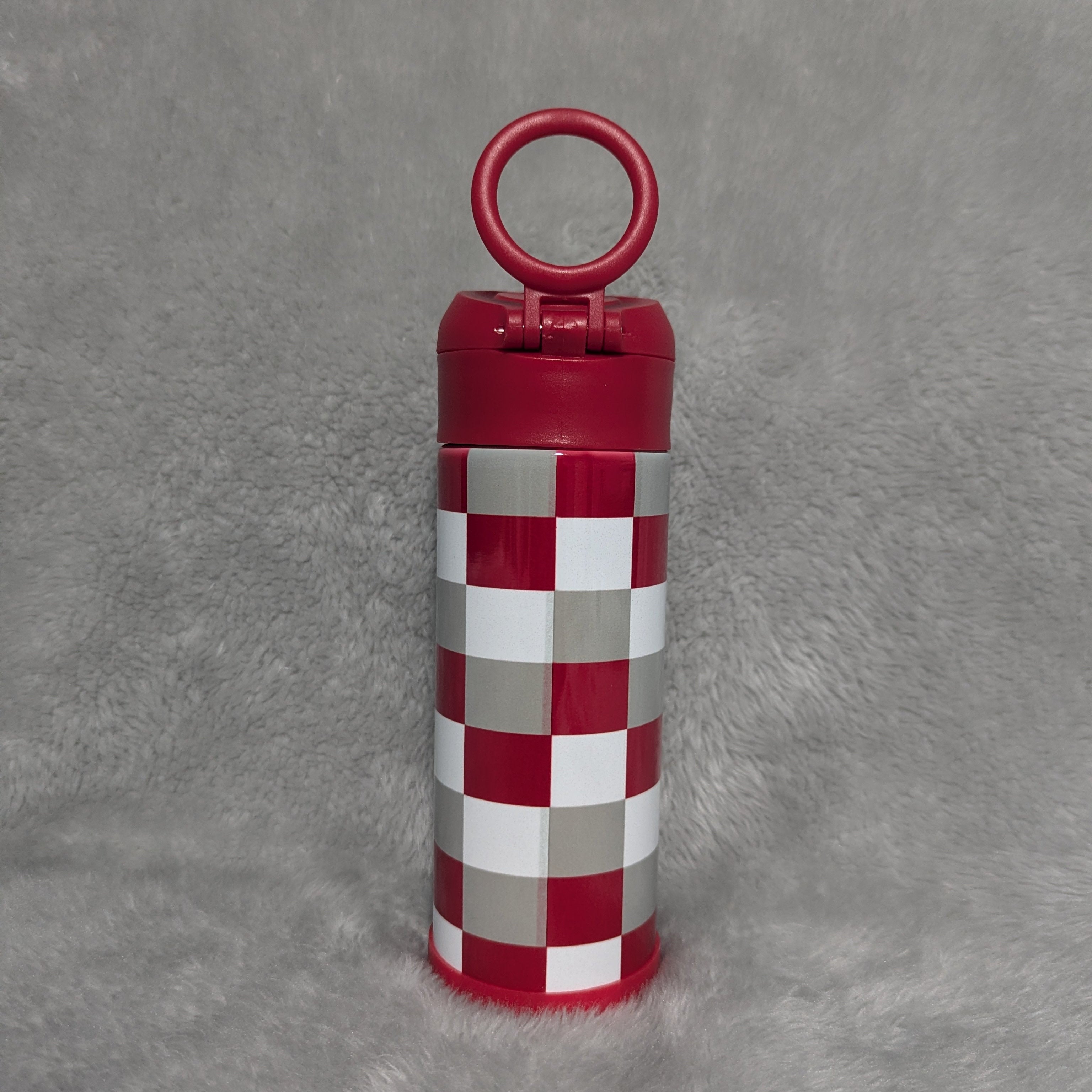 Kids Red, Gray and White Checkered Water Bottle 12oz With Reusable Straw, Can Be Personalized