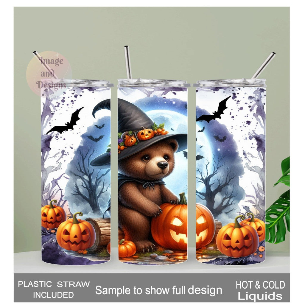 Cute Halloween Bear Tumbler 20oz With Reusable Straw, Can Be Personalized
