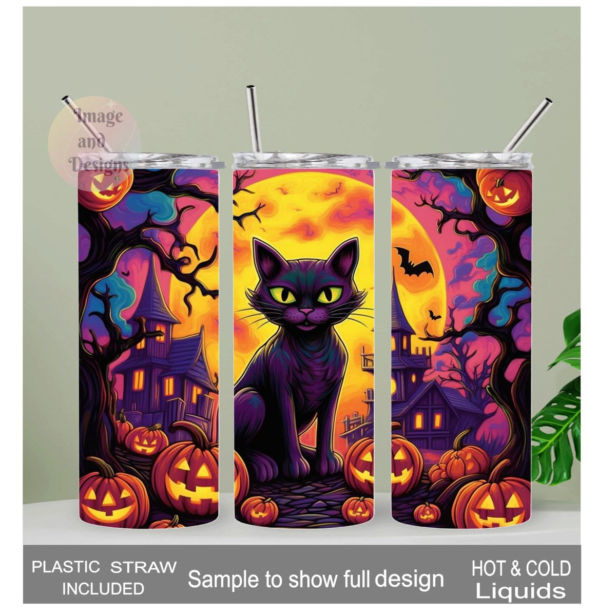 Black Cat Halloween Tumbler 20oz With Reusable Straw, Can Be Personalized