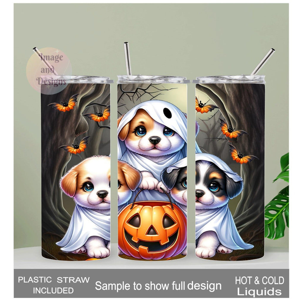 Halloween Ghost Puppies Tumbler 20oz With Reusable Straw, Can Be Personalized