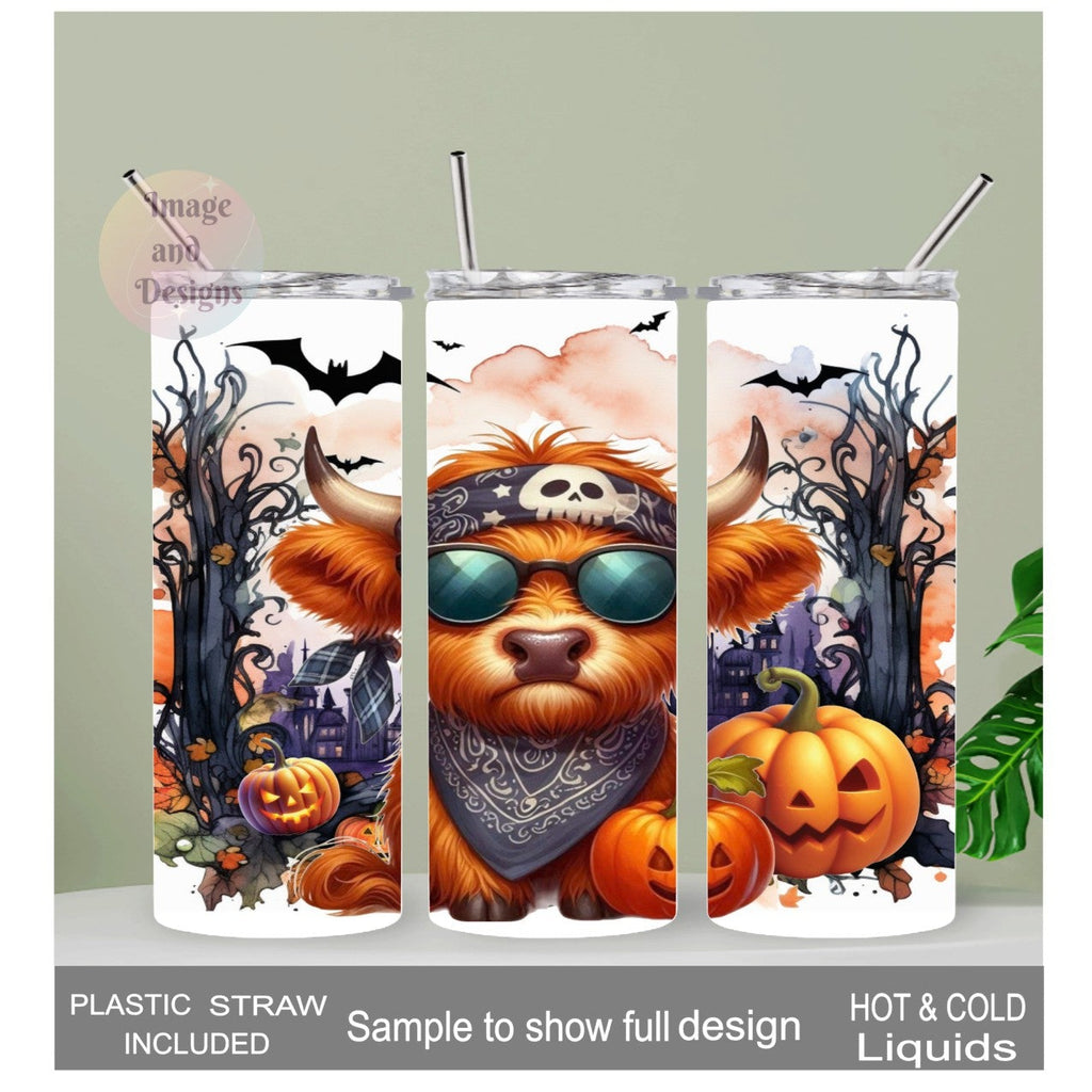 Halloween Highland Cow Tumbler With Reusable Straw, Can be Personalized