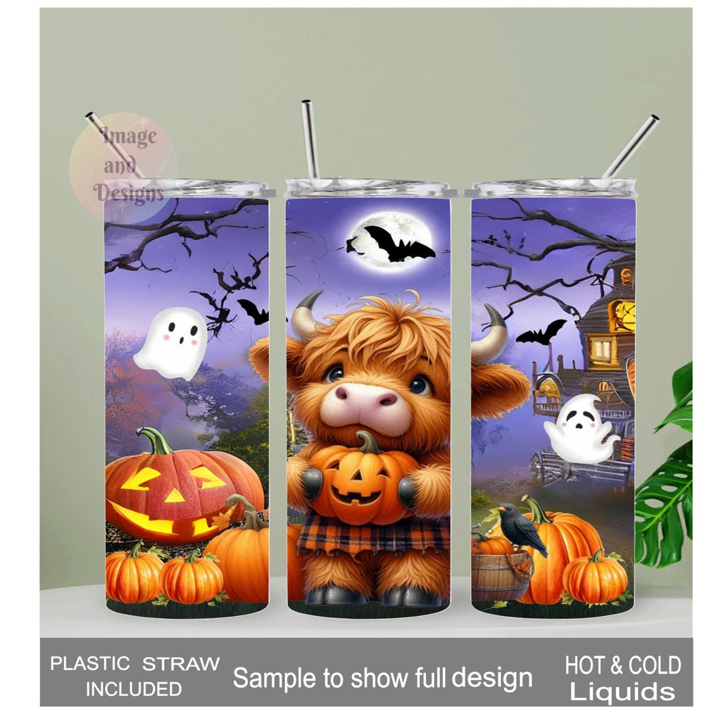 Cute Highland Cow Halloween Tumbler 20oz With Reusable Straw, Can Be Personalized