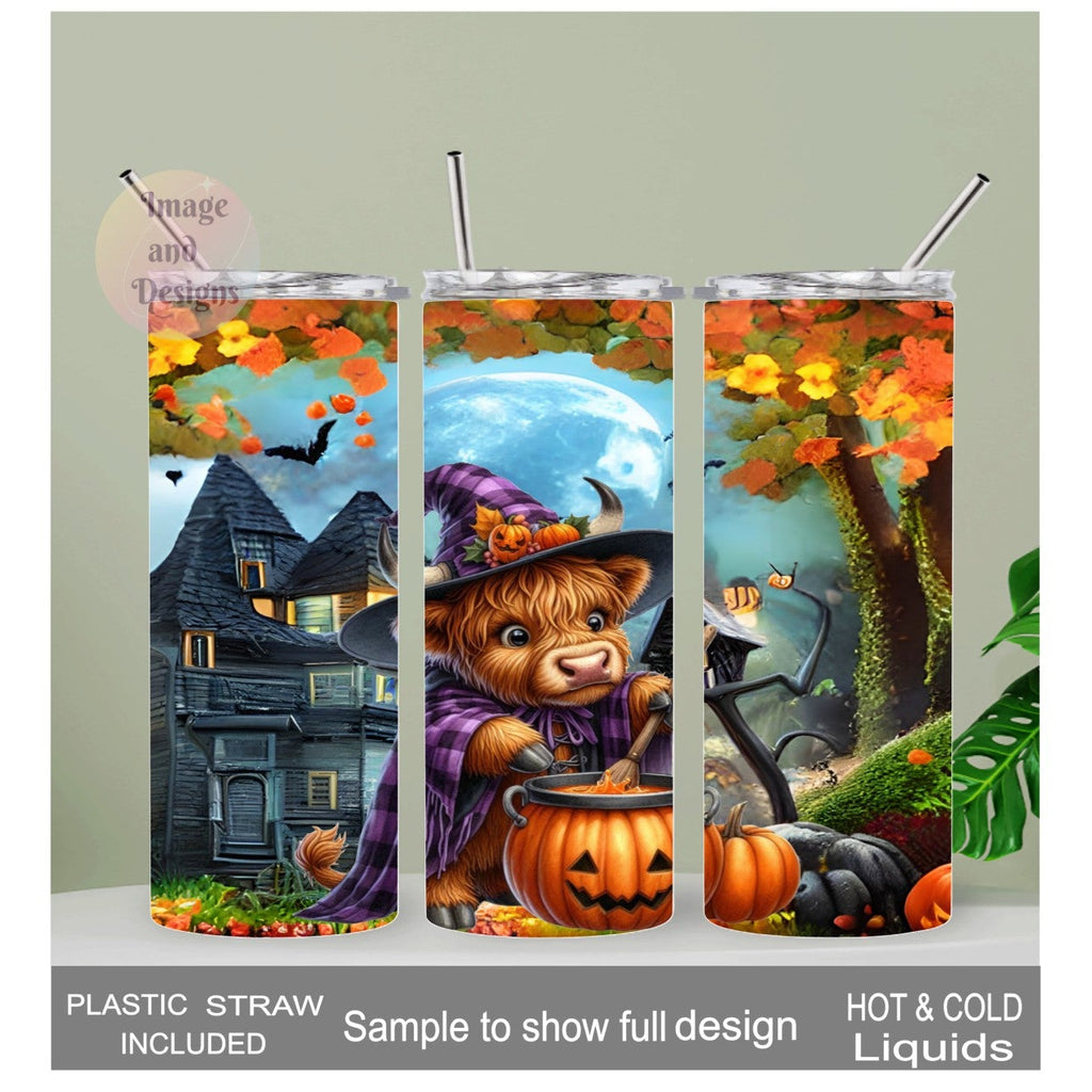 Halloween Highland Cow Tumbler 20oz With Reusable Straw, Can Be Personalized