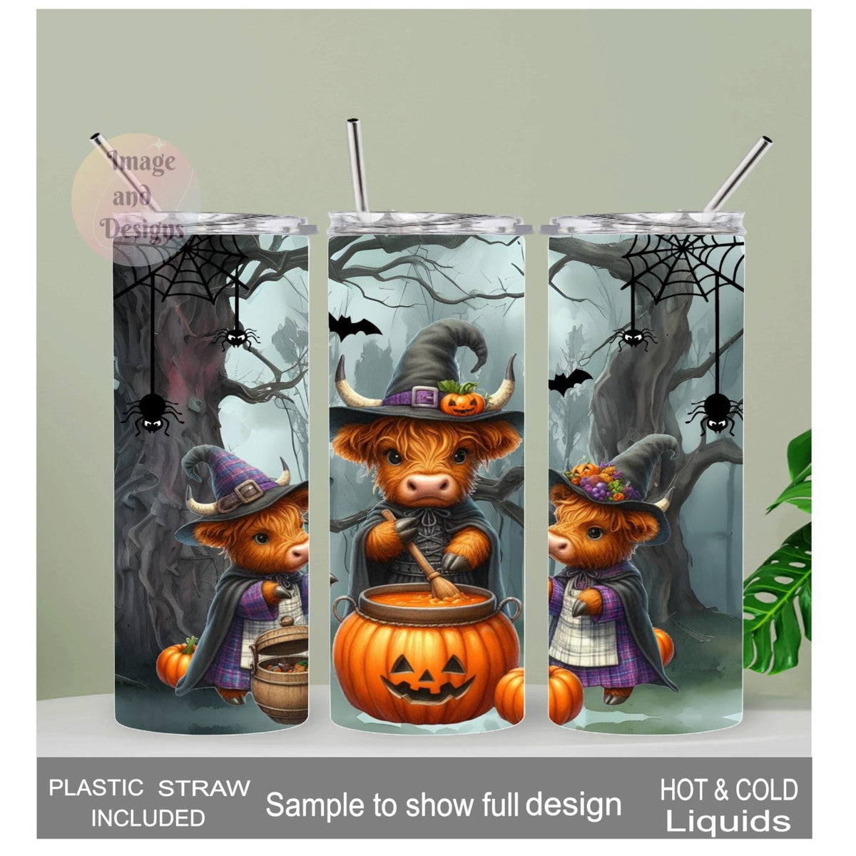 Halloween Highland Cow Witches Tumbler 20oz With Reusable Straw, Can Be Personalized