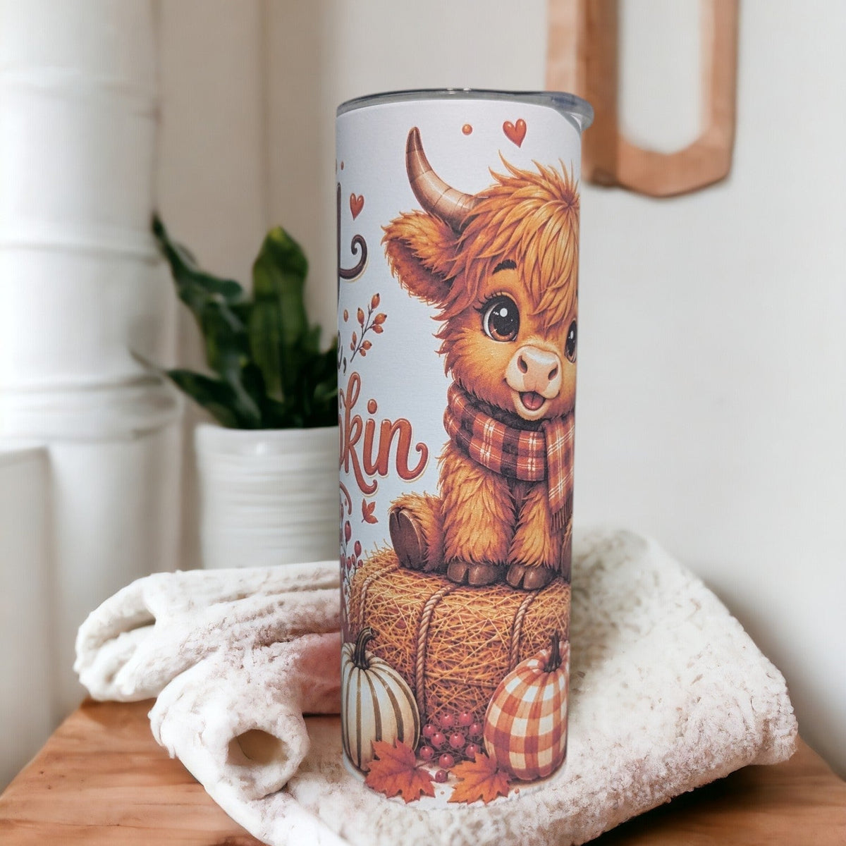 Fall Highland Cow Tumbler 20oz - Hay There Pumpkin Design with Reusable Straw