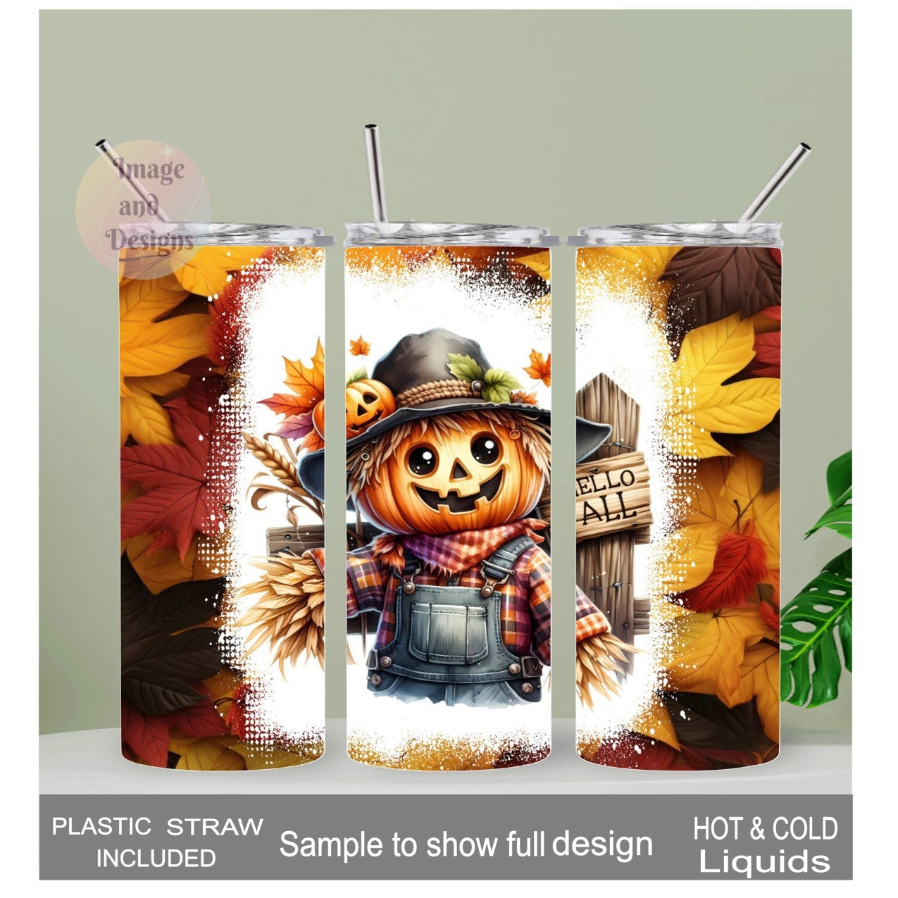 Scarecrow Tumbler With A Hello Fall Sign 20oz With Reusable Straw, Can Be Personalized