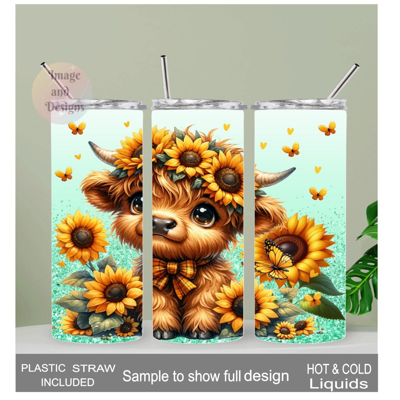 Sunflower Highland Cow Tumbler 20oz With Reusable Straw, Can Be Personalized