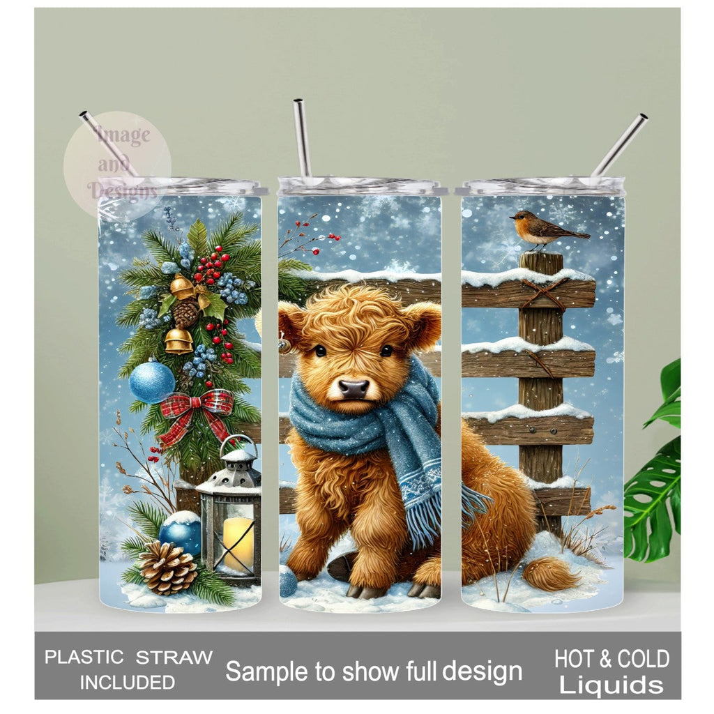 Winter Highland Cow Tumbler  20oz With Reusable Straw, Can Be Personalized