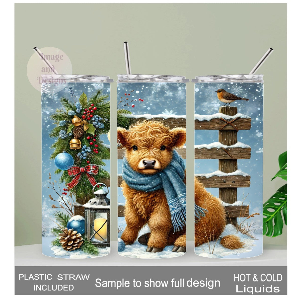 Winter Highland Cow Tumbler  20oz With Reusable Straw, Can Be Personalized