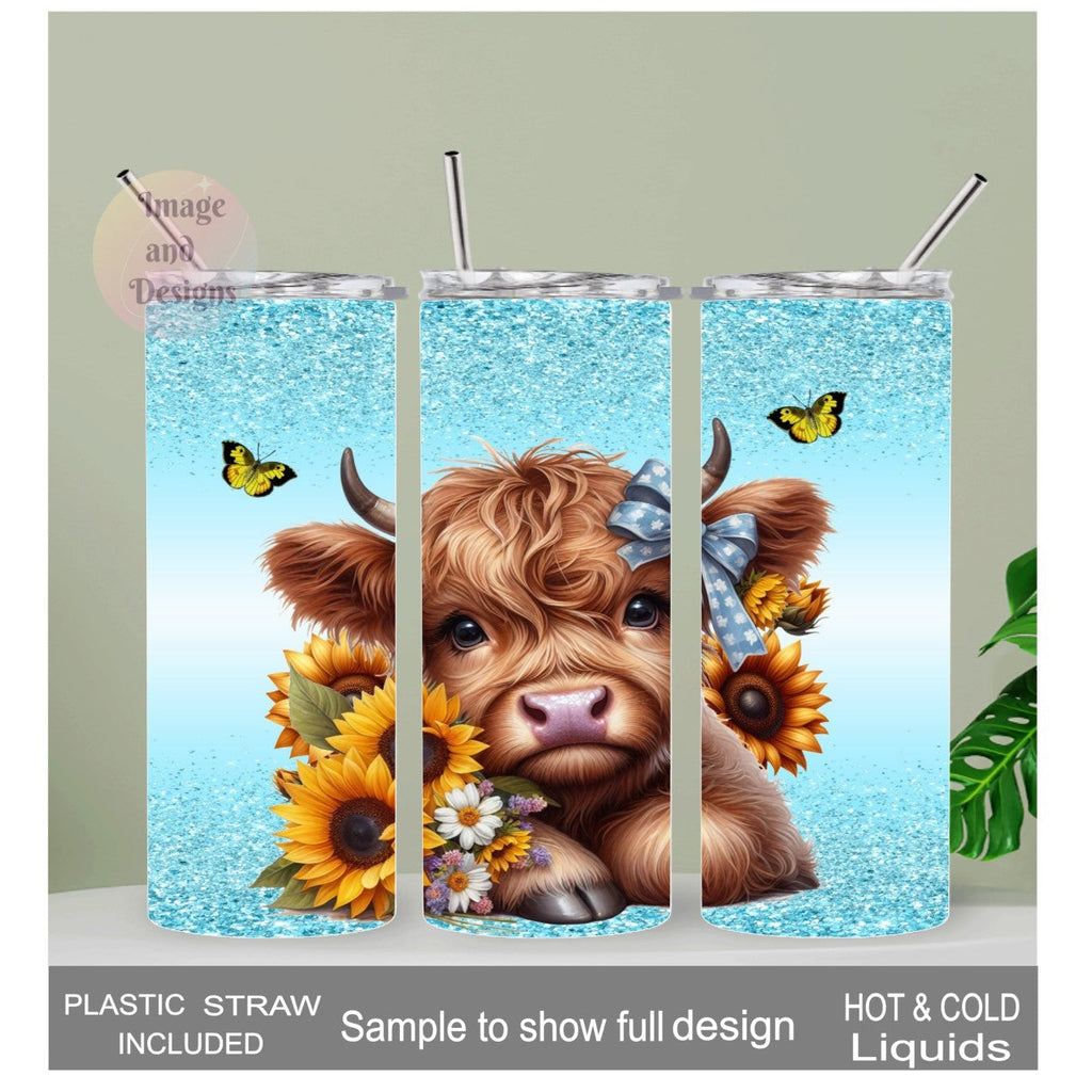 Highland Cow With Sunflowers 20oz Tumbler Can Be Personalized
