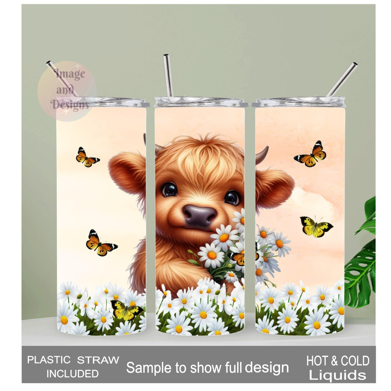 Highland Cow With Daisies Tumbler 20oz With Reusable Straw, Can Be Personalized