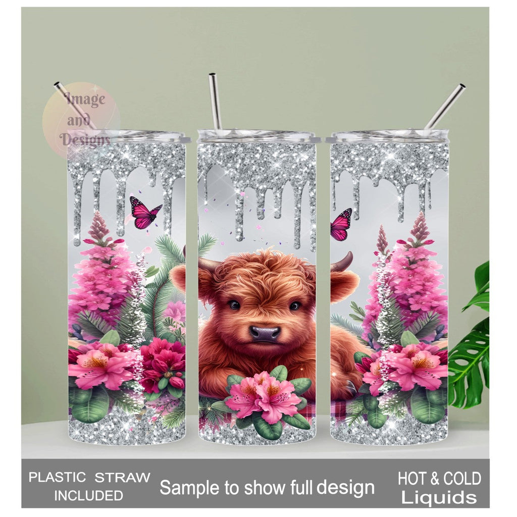 Highland Cow Tumbler With A Glitter Drip Design 20oz With Reusable Straw, Can Be Personalized